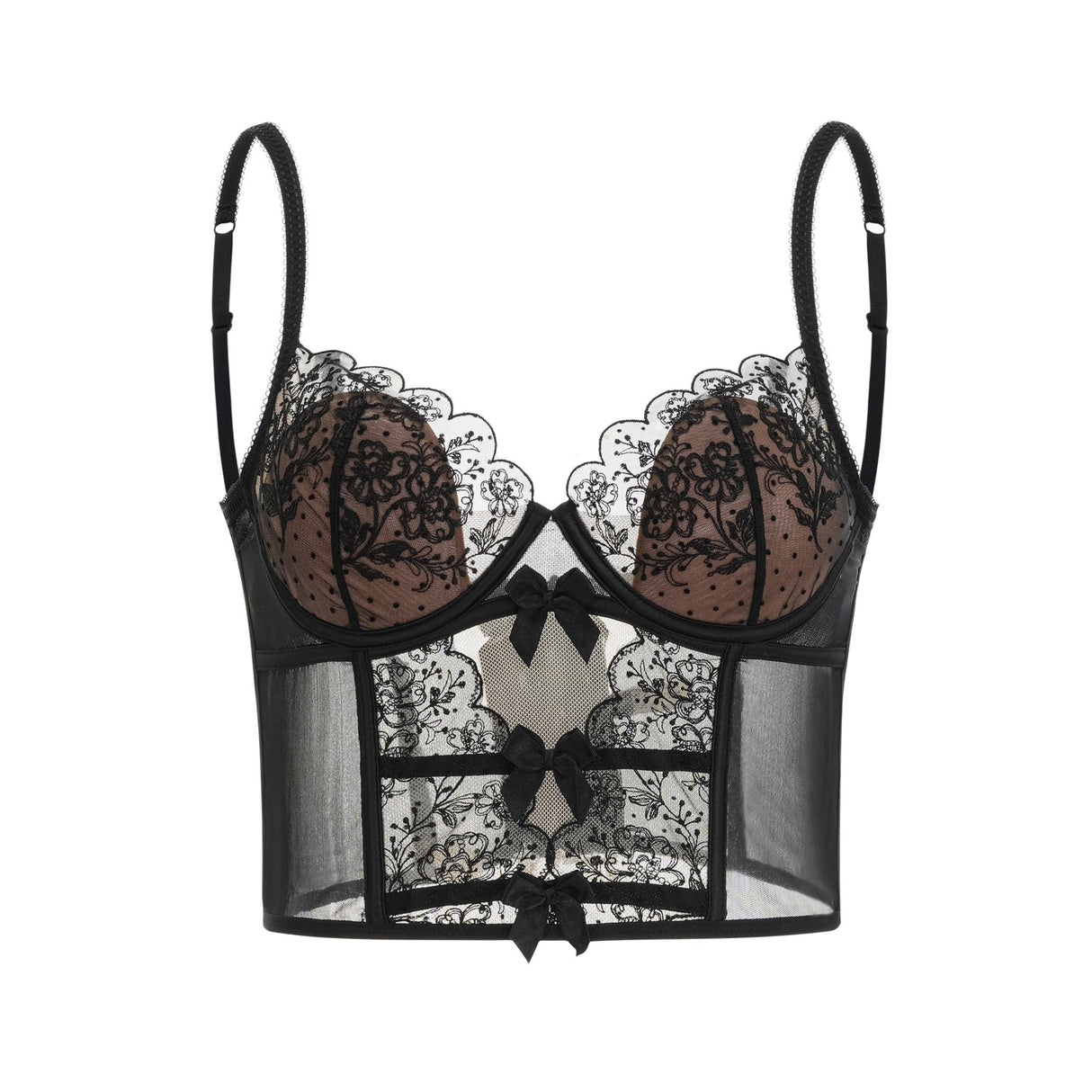 Veronica Vest Top Black Lace Bow Detail Sweetheart Cropped Mesh