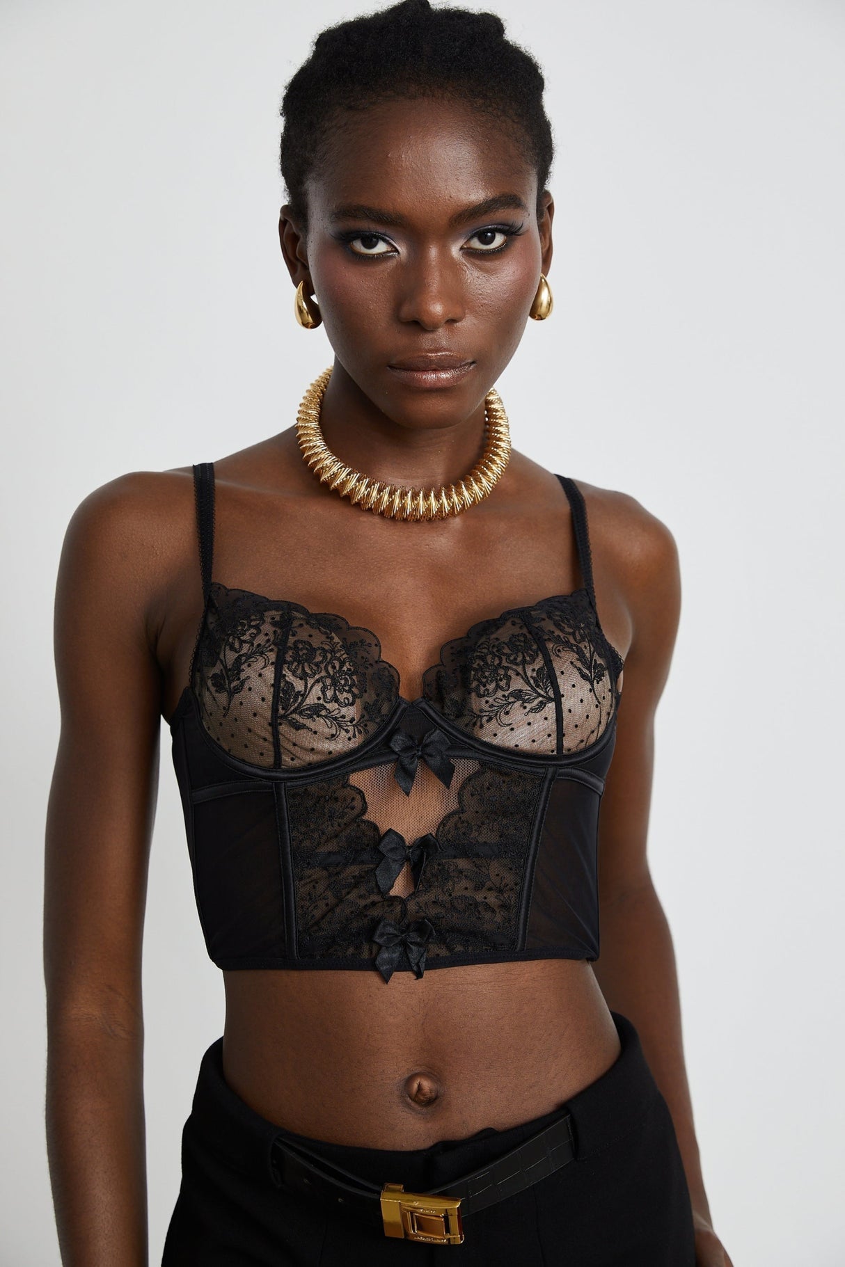 Veronica Vest Top Black Lace Bow Detail Sweetheart Cropped Mesh