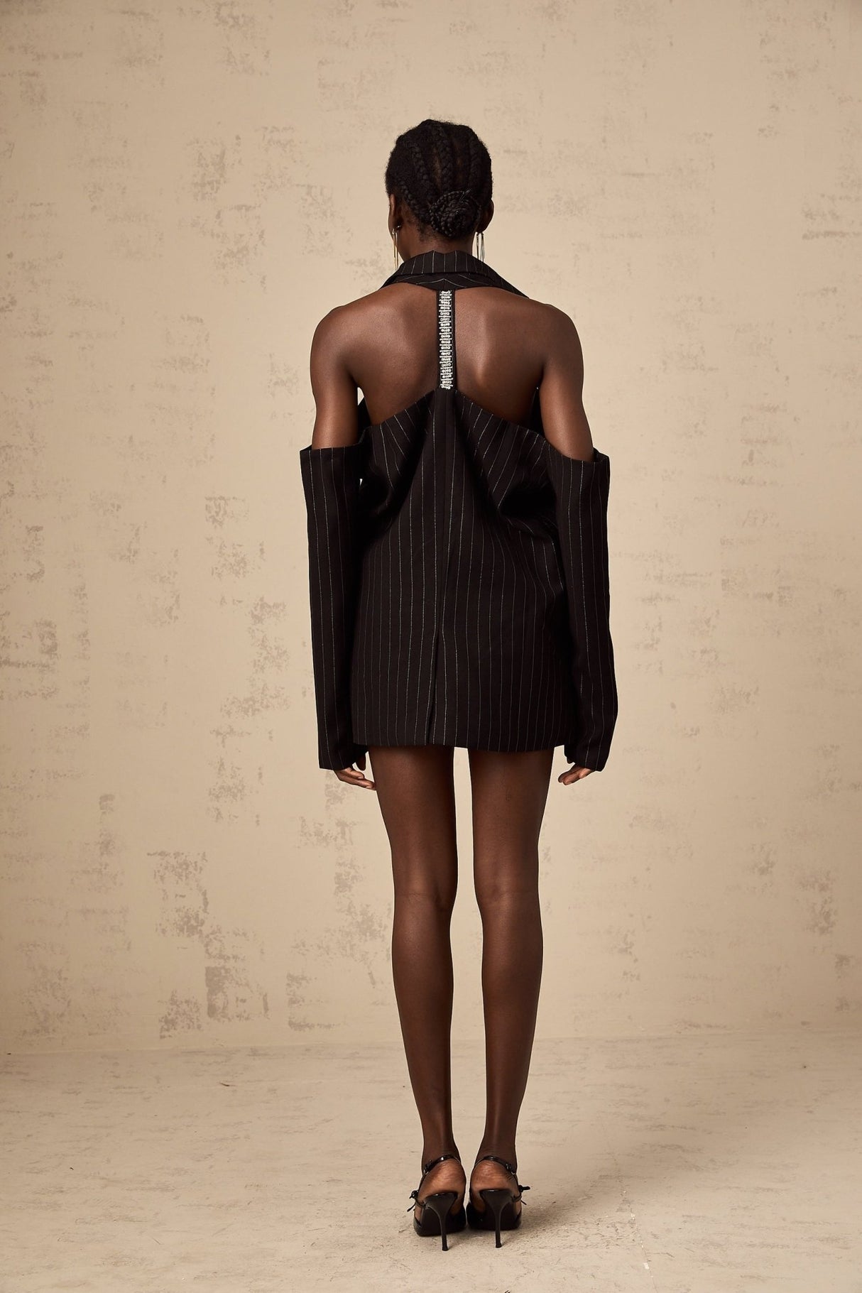 Veronika Blazer Black Striped Open Back & Peak Lapels