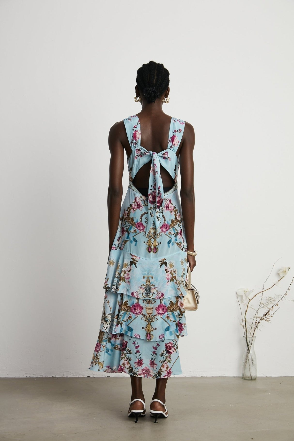 Victoire Blue Silk Floral Midi Dress With Open Back and Crystal Detail