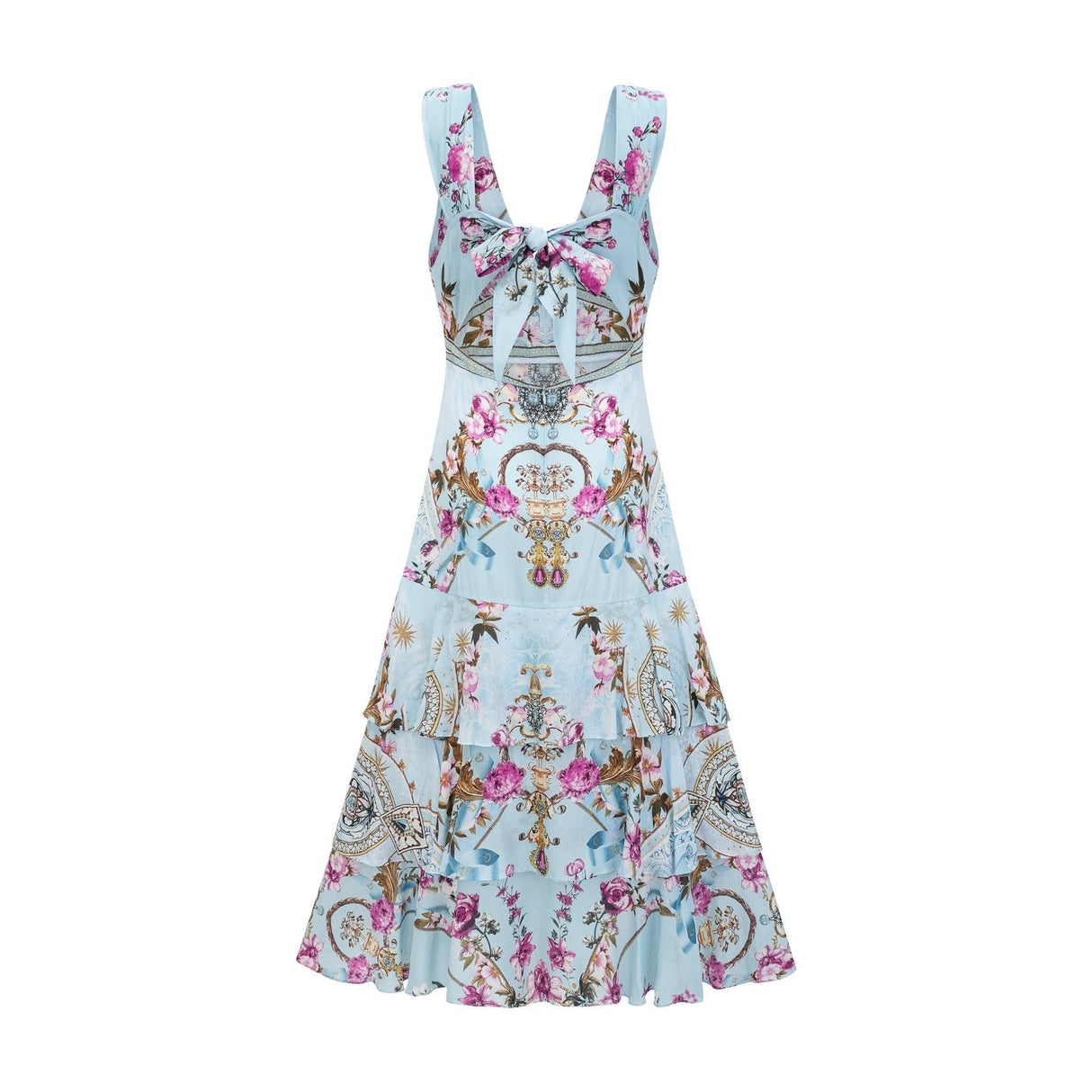 Victoire Blue Silk Floral Midi Dress With Open Back and Crystal Detail