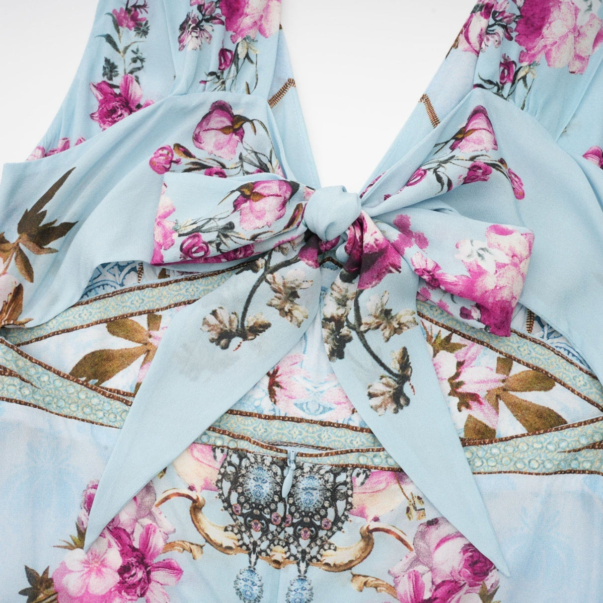 Victoire Blue Silk Floral Midi Dress With Open Back and Crystal Detail