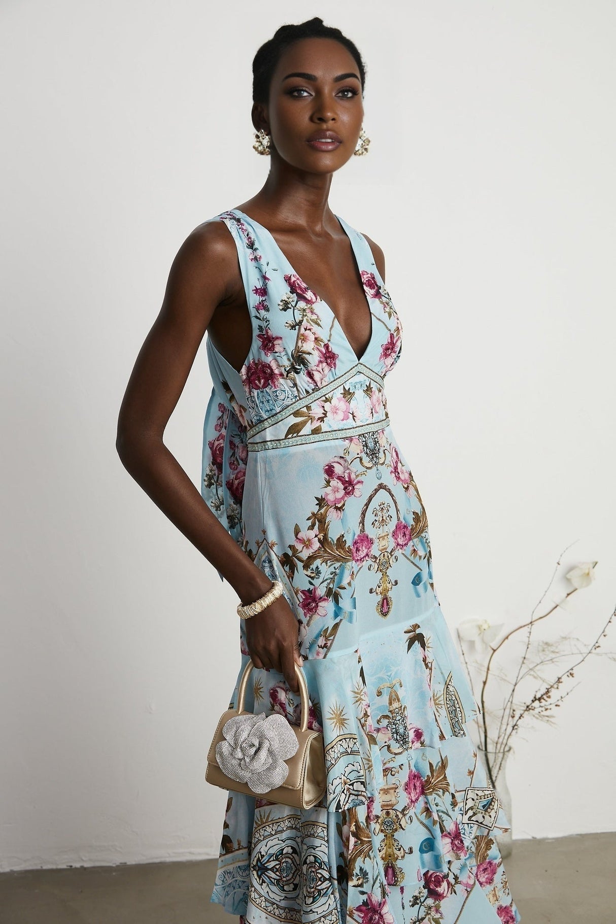 Victoire Blue Silk Floral Midi Dress With Open Back and Crystal Detail