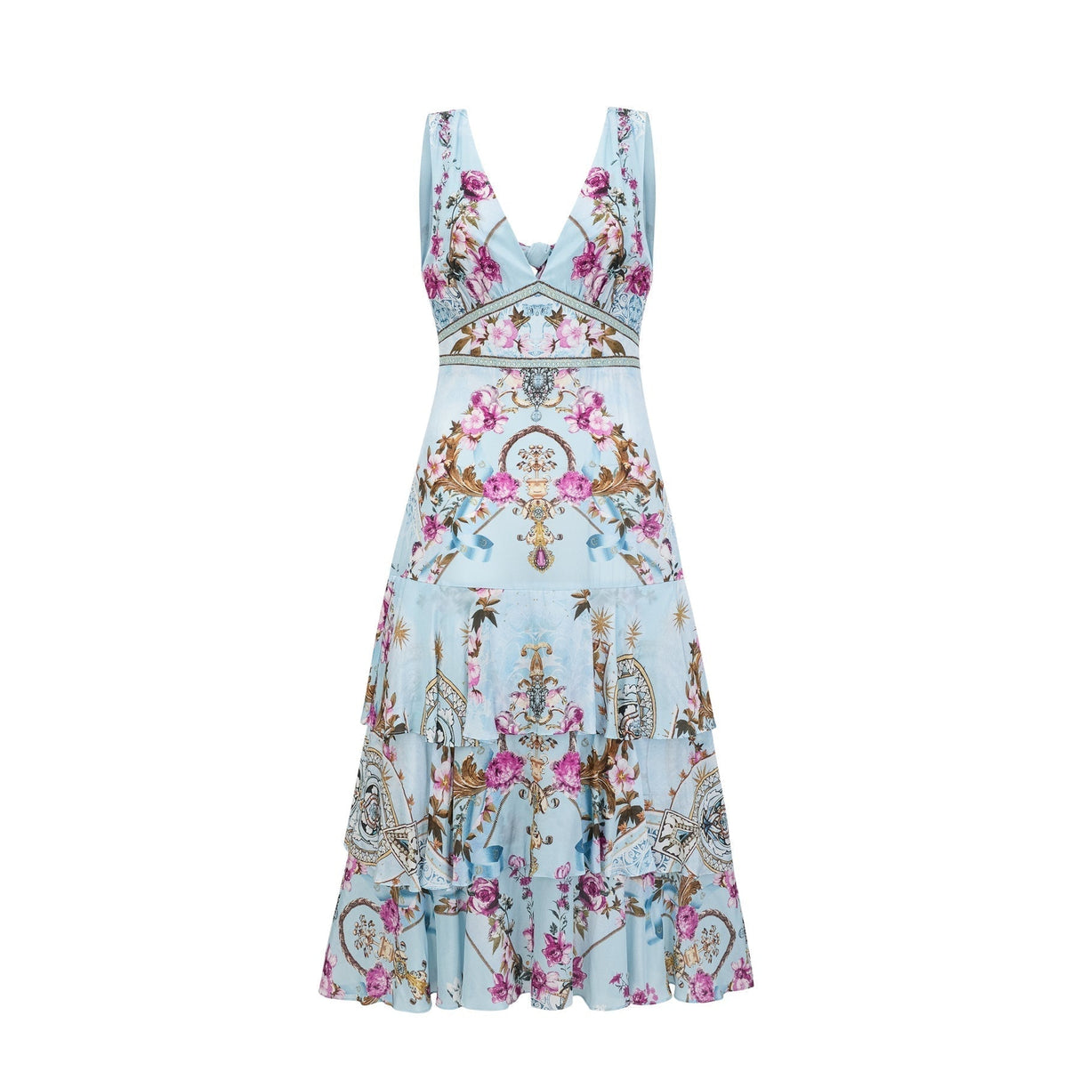 Victoire Blue Silk Floral Midi Dress With Open Back and Crystal Detail