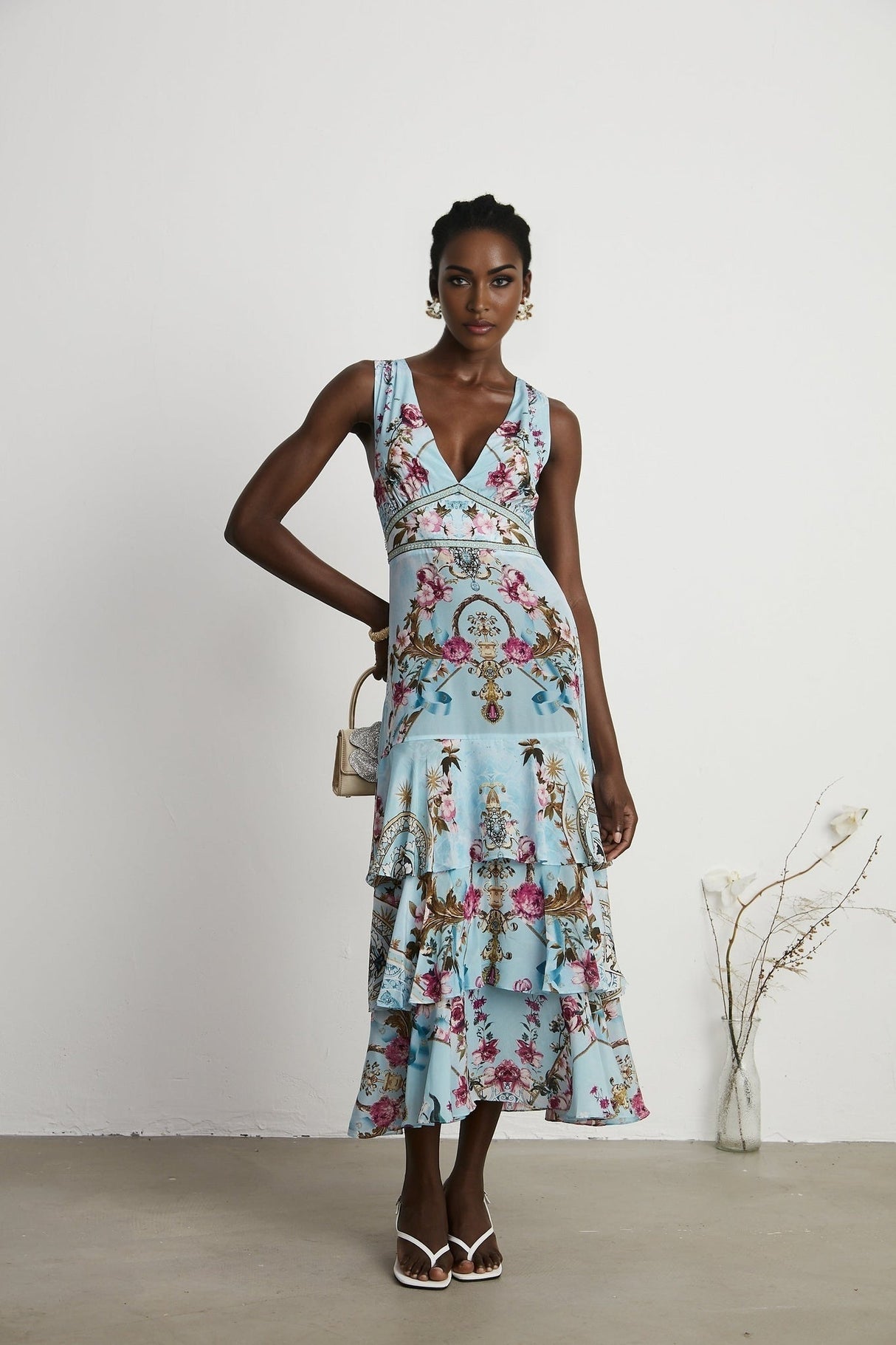 Victoire Blue Silk Floral Midi Dress With Open Back and Crystal Detail