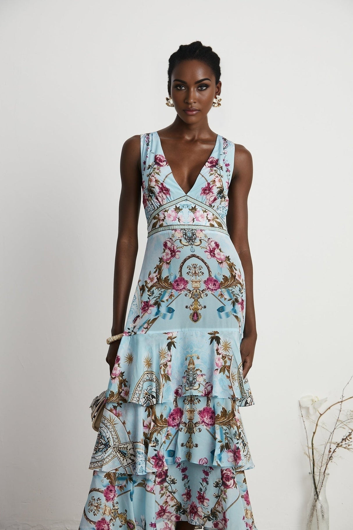 Victoire Blue Silk Floral Midi Dress With Open Back and Crystal Detail