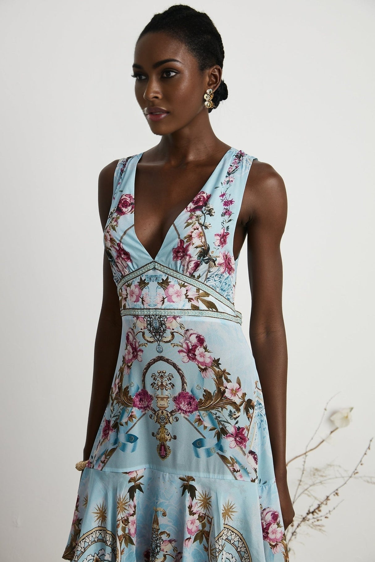 Victoire Blue Silk Floral Midi Dress With Open Back and Crystal Detail