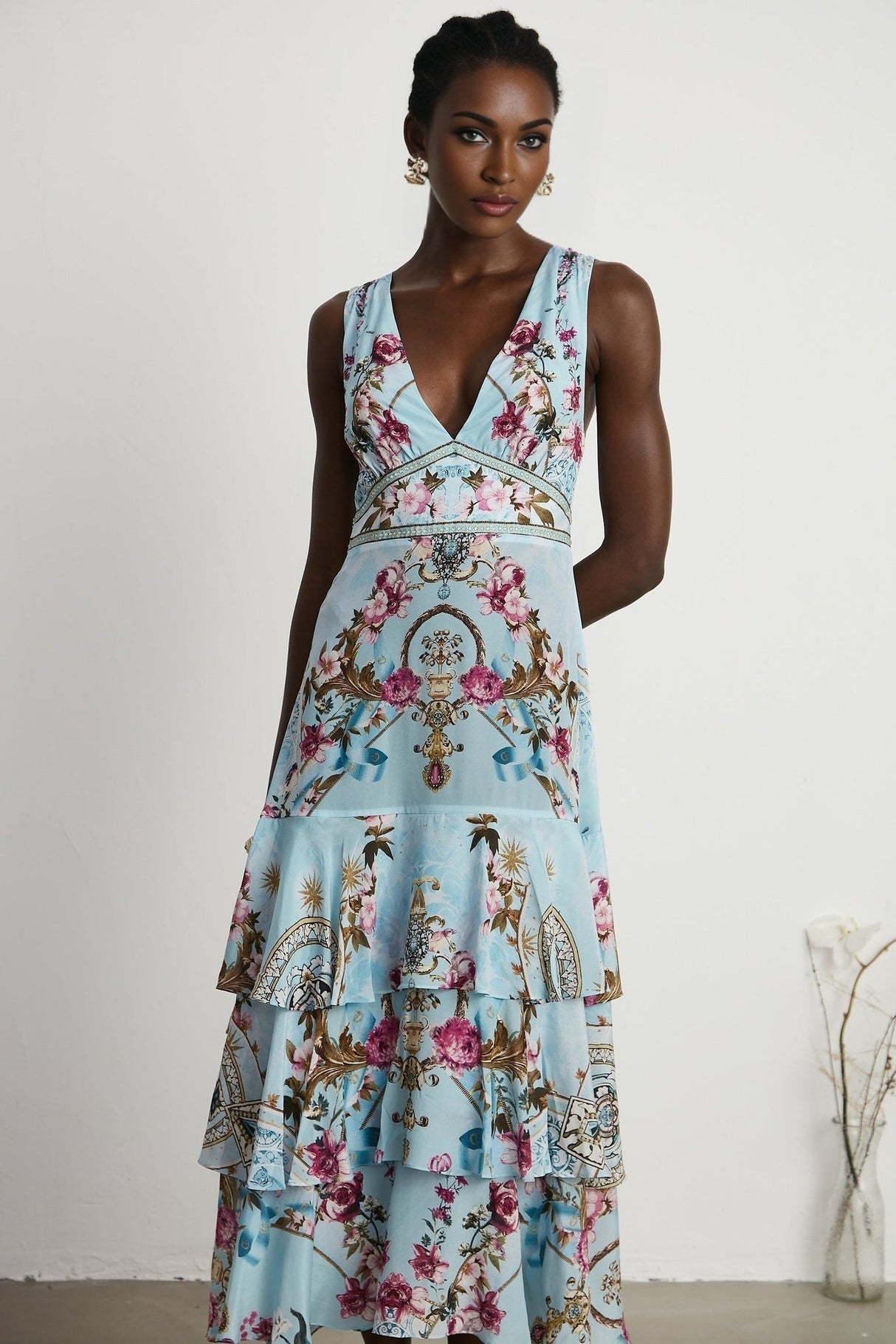 Victoire Blue Silk Floral Midi Dress With Open Back and Crystal Detail