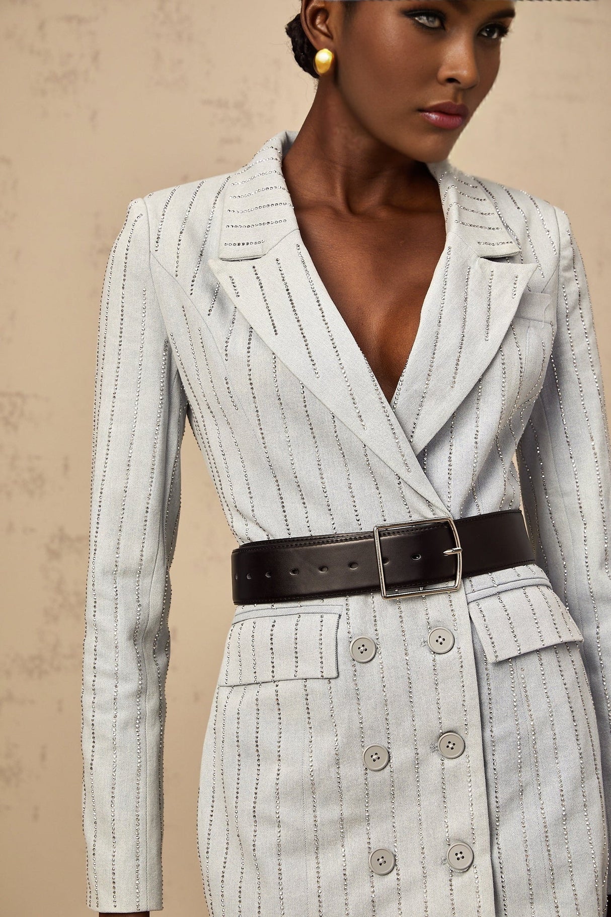 Victoria Denim Blazer Grey Rhinestone Embellished