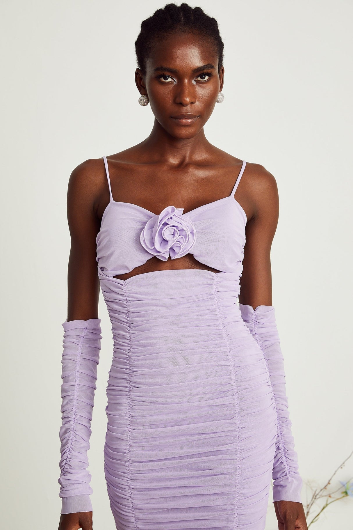 Victoria Midi Dress Purple Spaghetti Straps Cut Out Ruched Faux Flower Zip