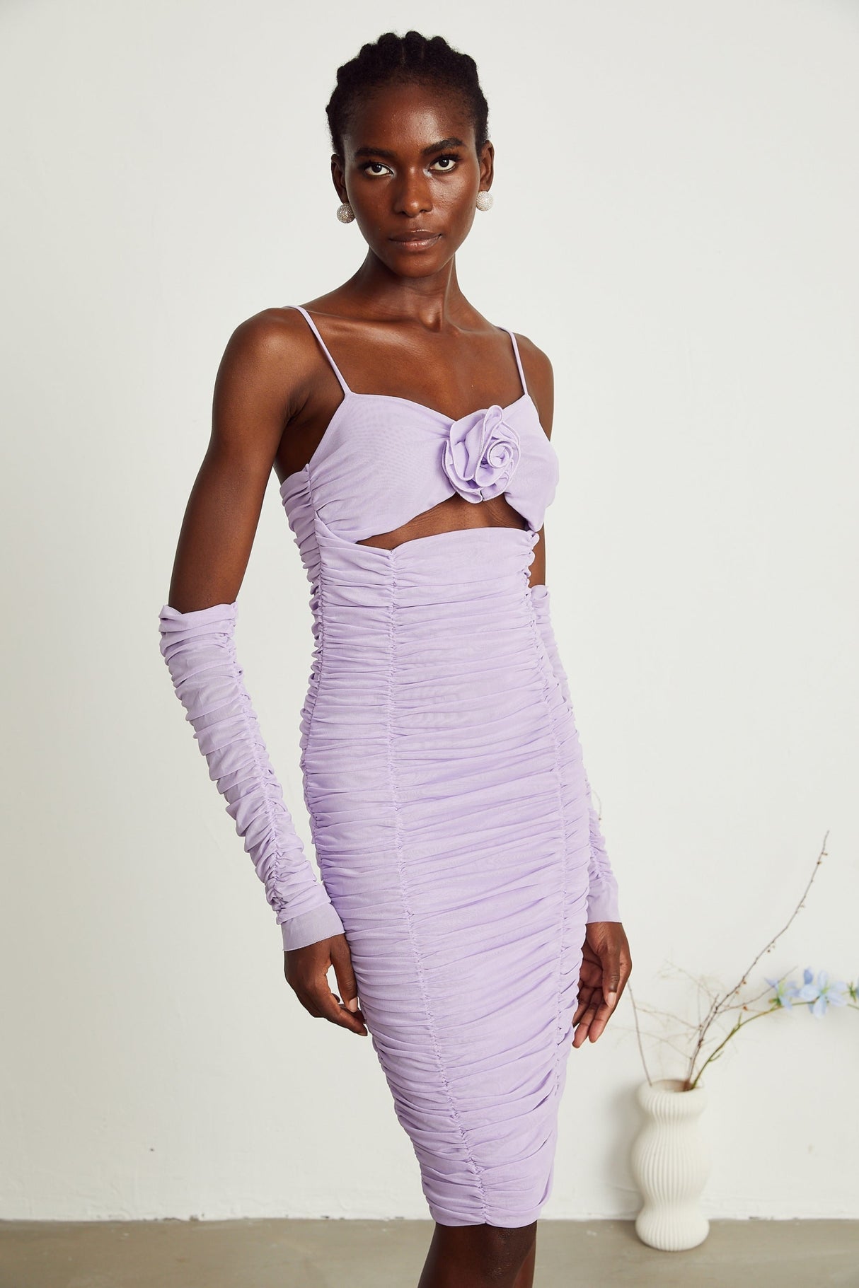 Victoria Midi Dress Purple Spaghetti Straps Cut Out Ruched Faux Flower Zip