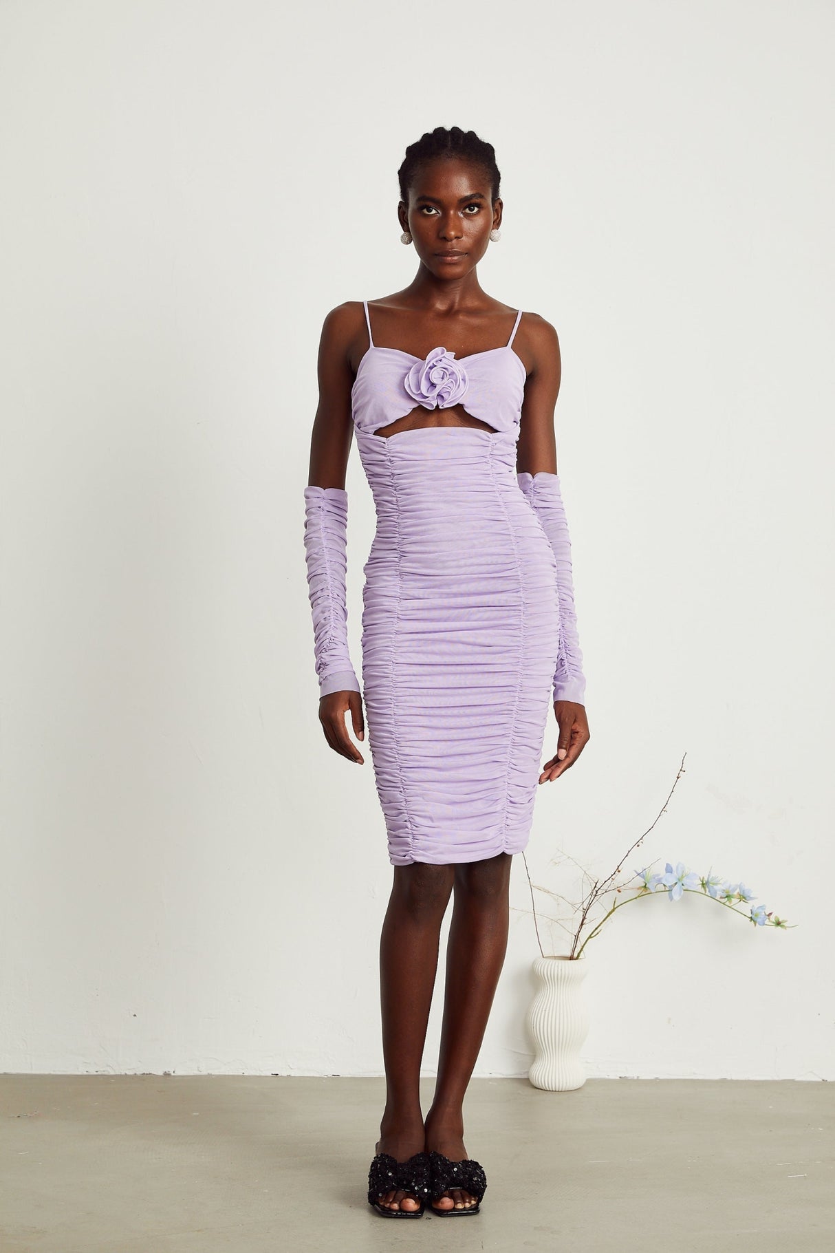 Victoria Midi Dress Purple Spaghetti Straps Cut Out Ruched Faux Flower Zip