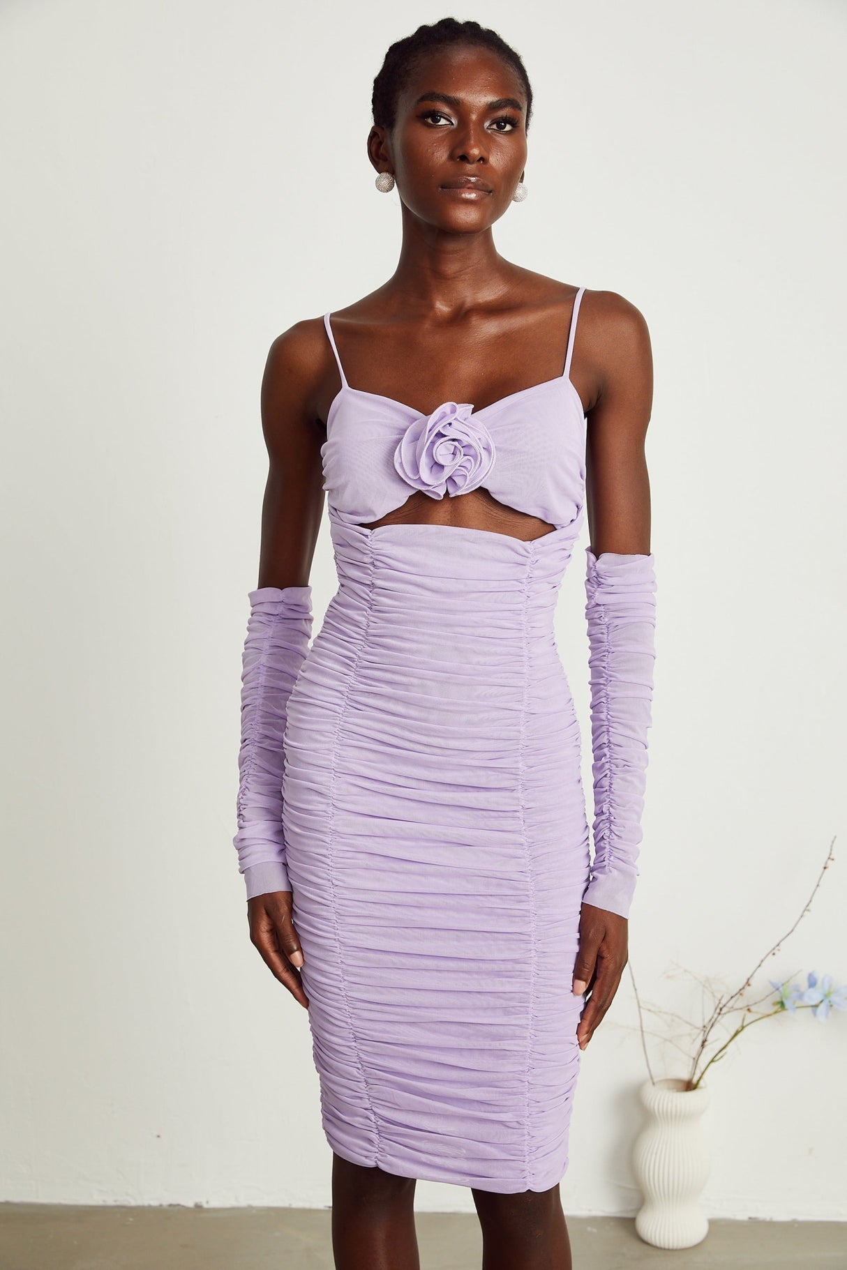 Victoria Midi Dress Purple Spaghetti Straps Cut Out Ruched Faux Flower Zip