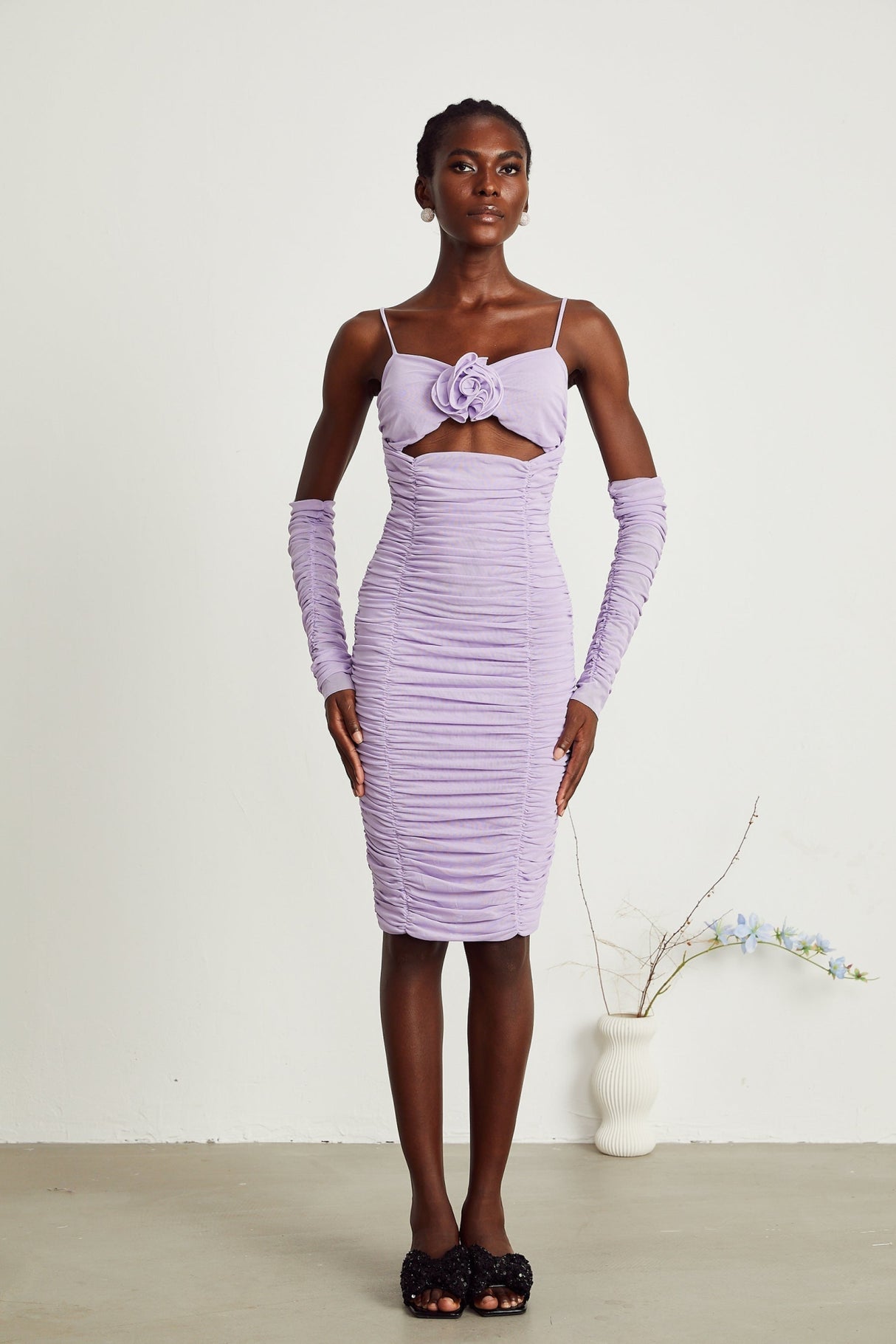 Victoria Midi Dress Purple Spaghetti Straps Cut Out Ruched Faux Flower Zip
