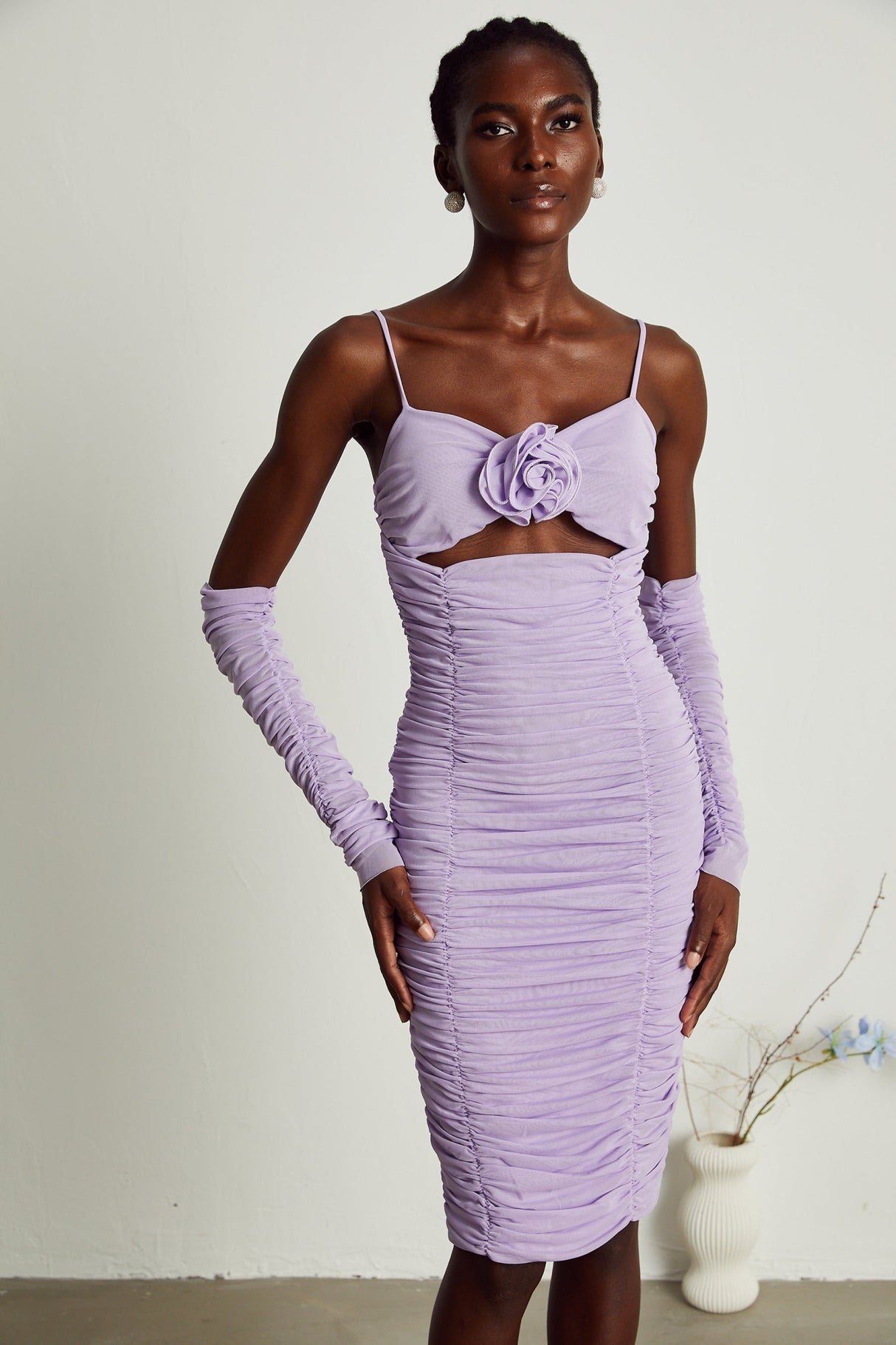 Victoria Midi Dress Purple Spaghetti Straps Cut Out Ruched Faux Flower Zip