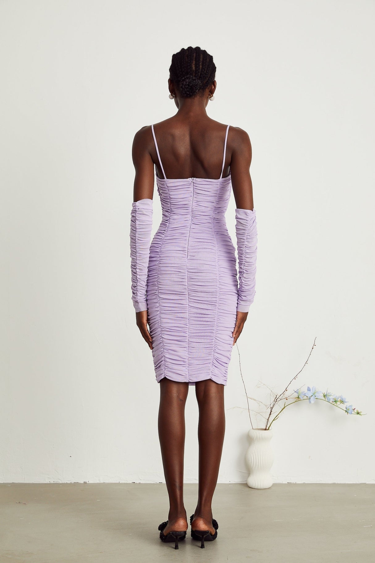 Victoria Midi Dress Purple Spaghetti Straps Cut Out Ruched Faux Flower Zip