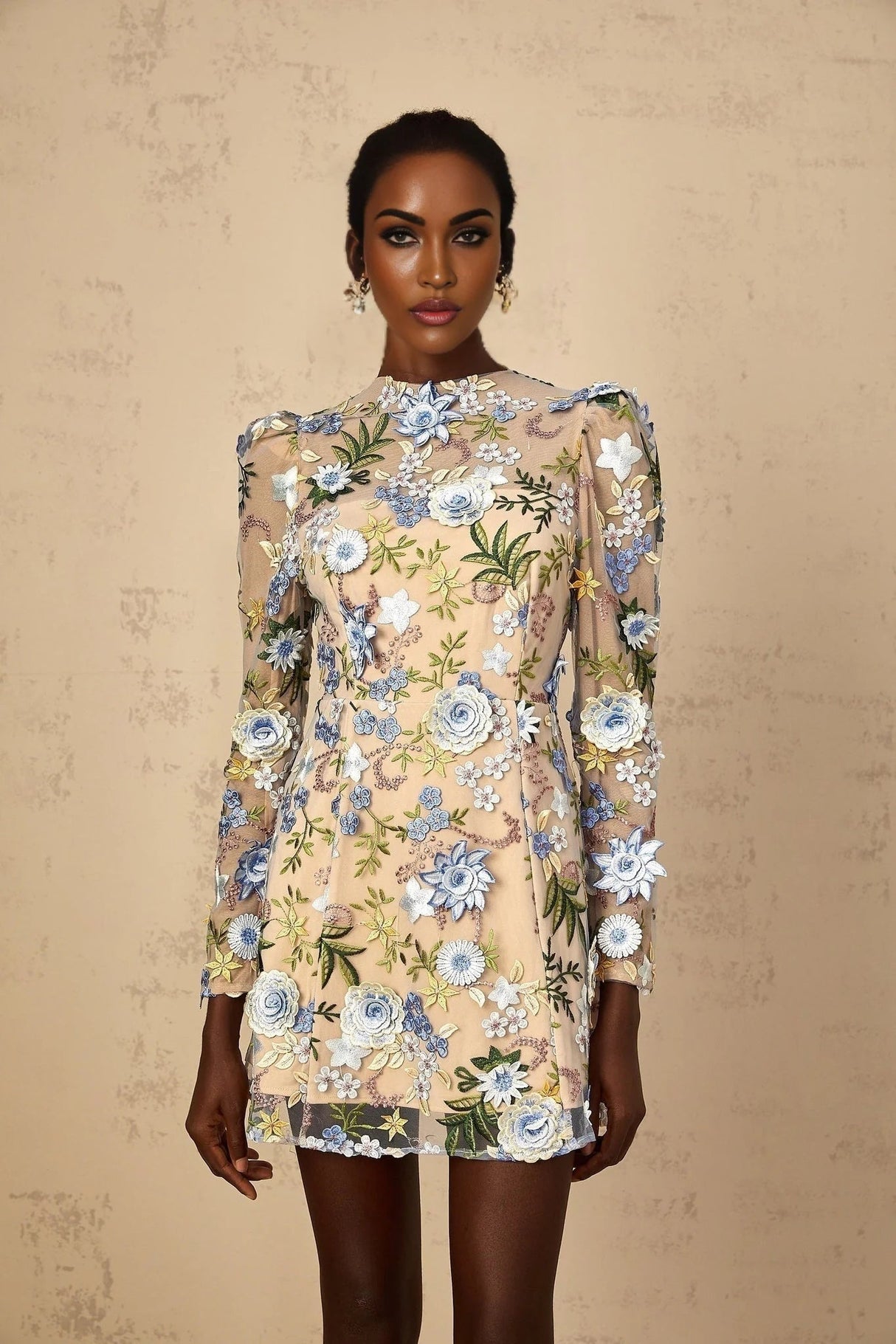 Victoria Mini Dress Blue Floral Appliqu Embroidered Tulle