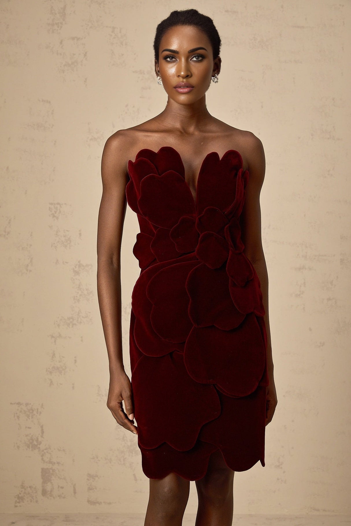 Victoria Mini Dress Red Velvet Floral Applique Layered