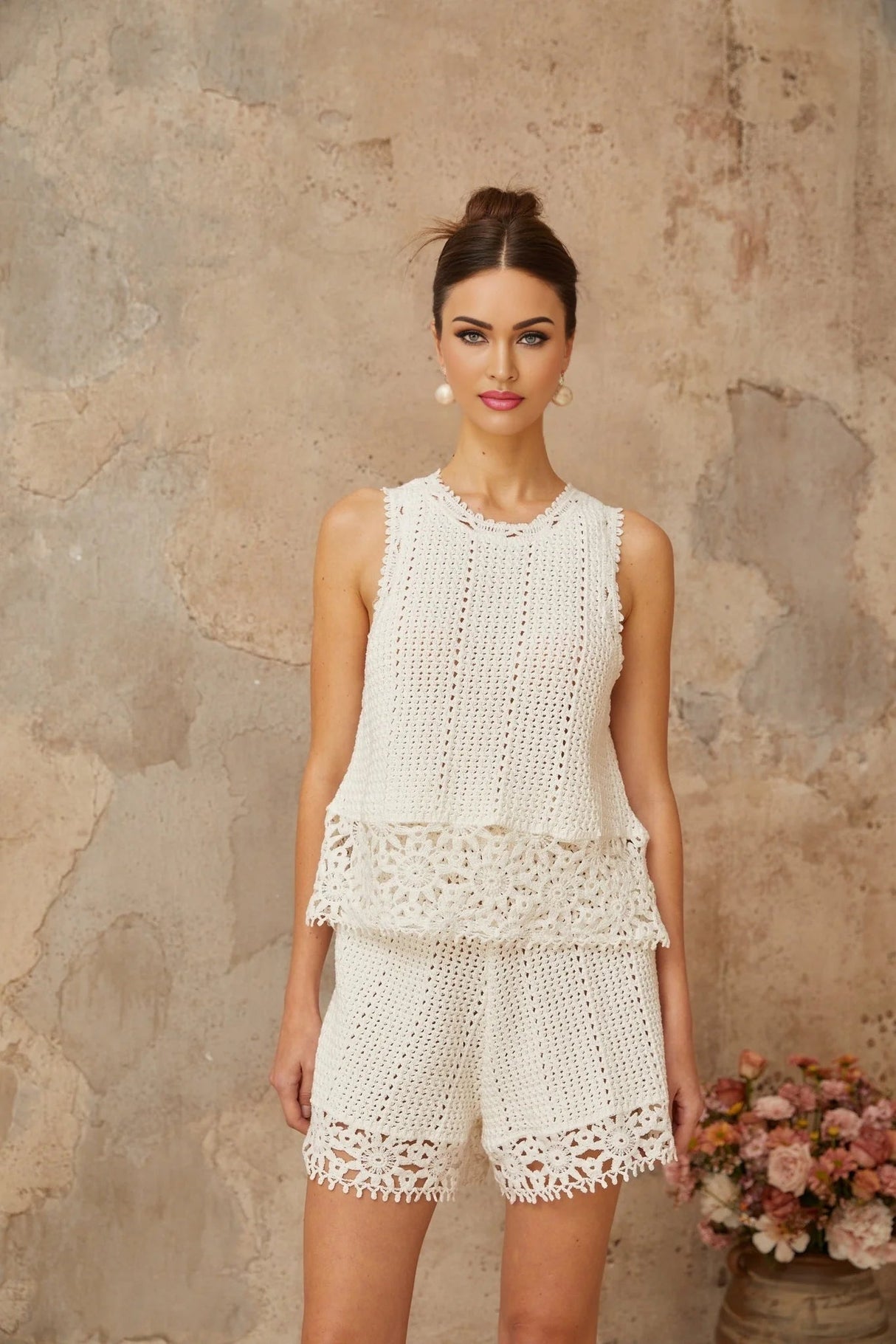 Victoria Top & Shorts Set with Crochet Detail in White