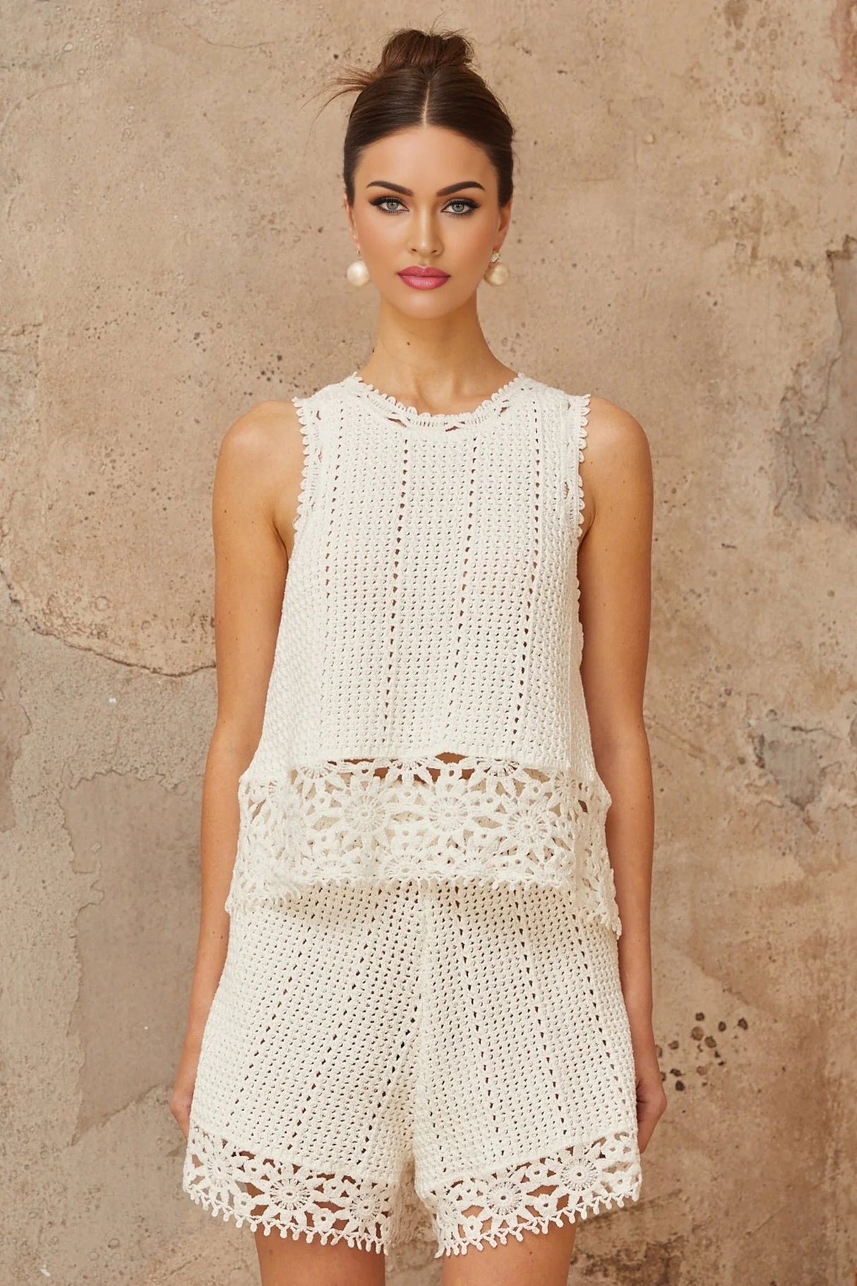 Victoria Top & Shorts Set with Crochet Detail in White