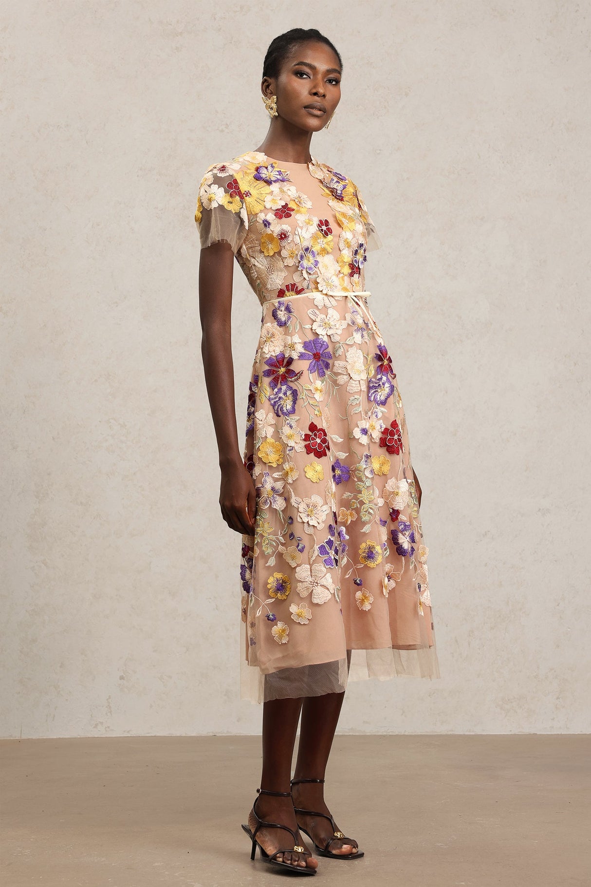 Vincenzina Beige Floral Embroidered Midi Dress with Tulle Overlay and Belt