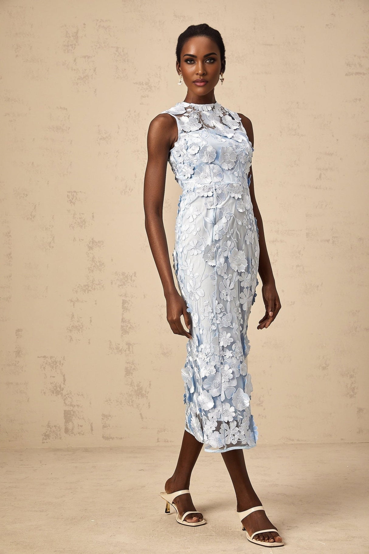 Vincenzina Floral Midi Dress in Blue with Cinched Waist & Flared Hem