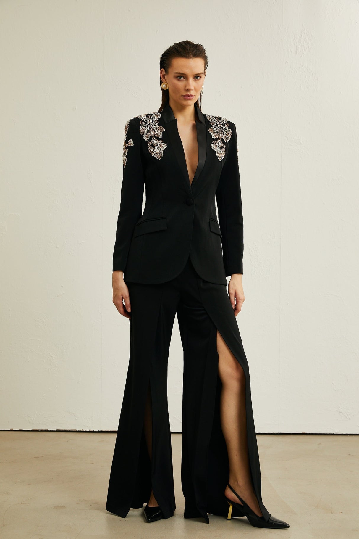 Vincenzina Jacket & Trousers Crystal Embellished Black