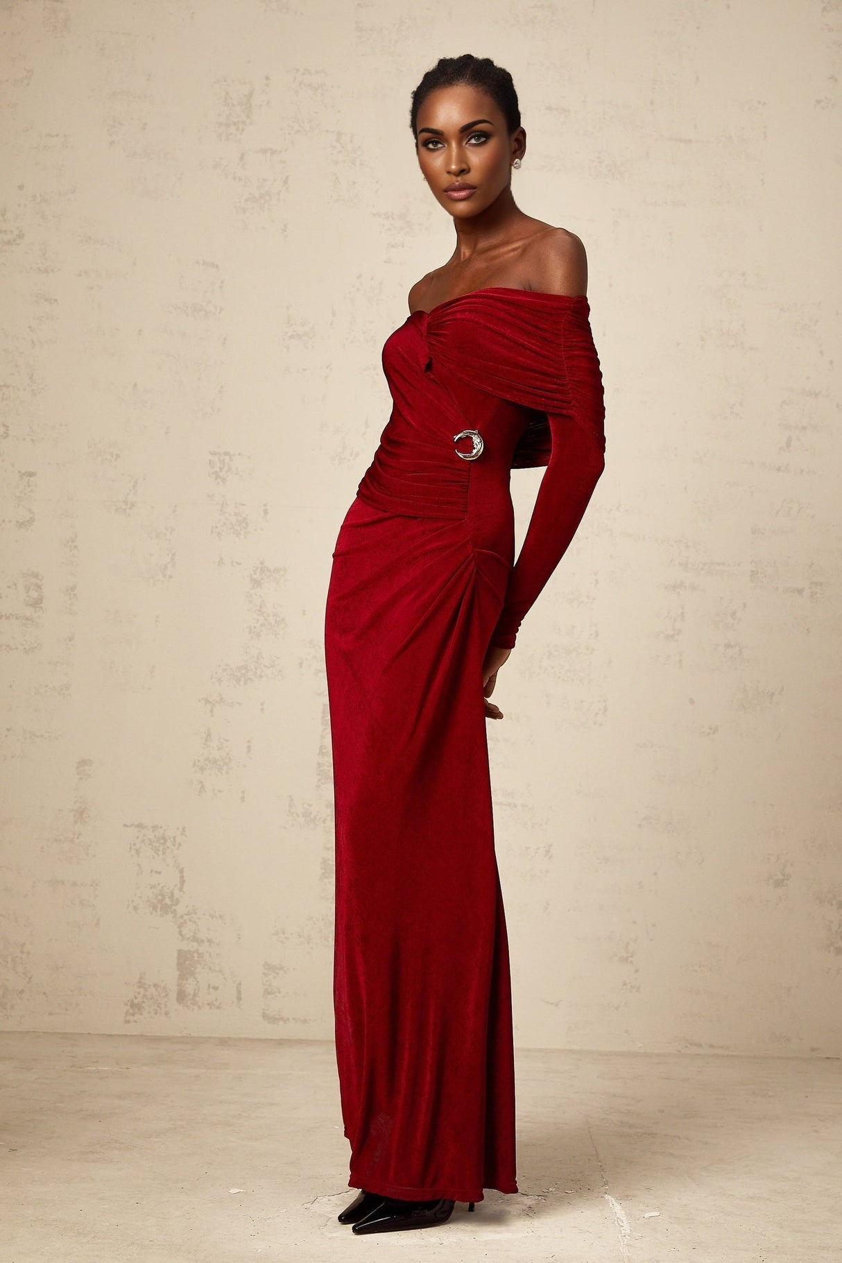 Vincenzina Maxi Dress - Elegant Off - Shoulder Red Velvet with Fashionable Ruched Detail & Buckle Accent