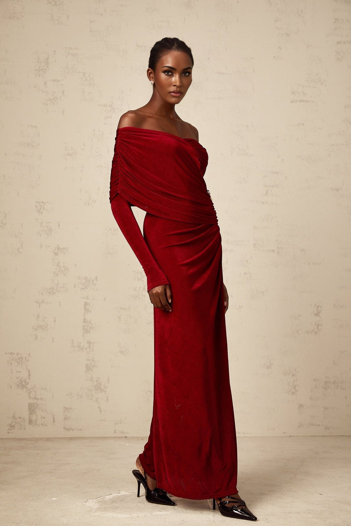Vincenzina Maxi Dress - Elegant Off - Shoulder Red Velvet with Fashionable Ruched Detail & Buckle Accent