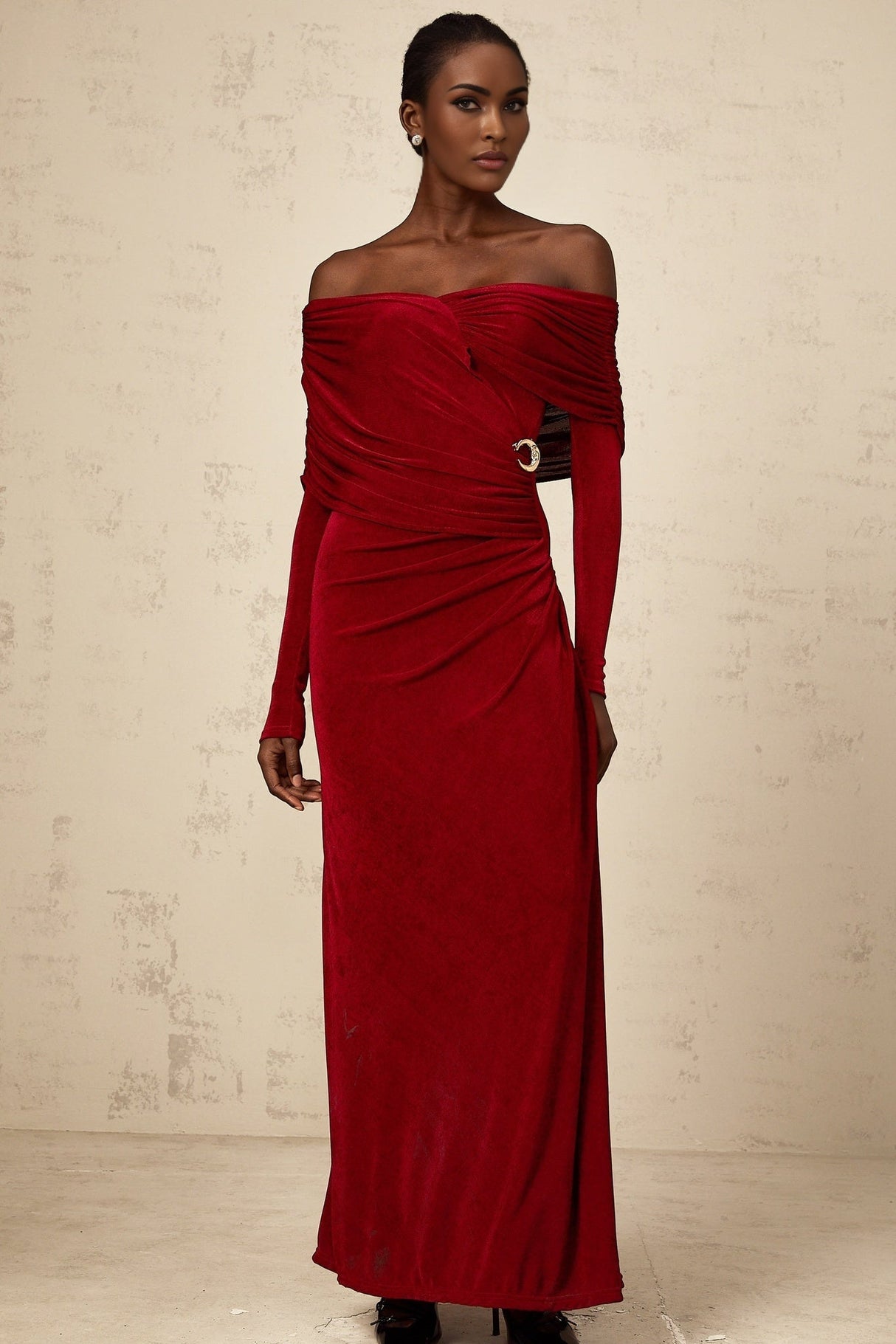 Vincenzina Maxi Dress - Elegant Off - Shoulder Red Velvet with Fashionable Ruched Detail & Buckle Accent