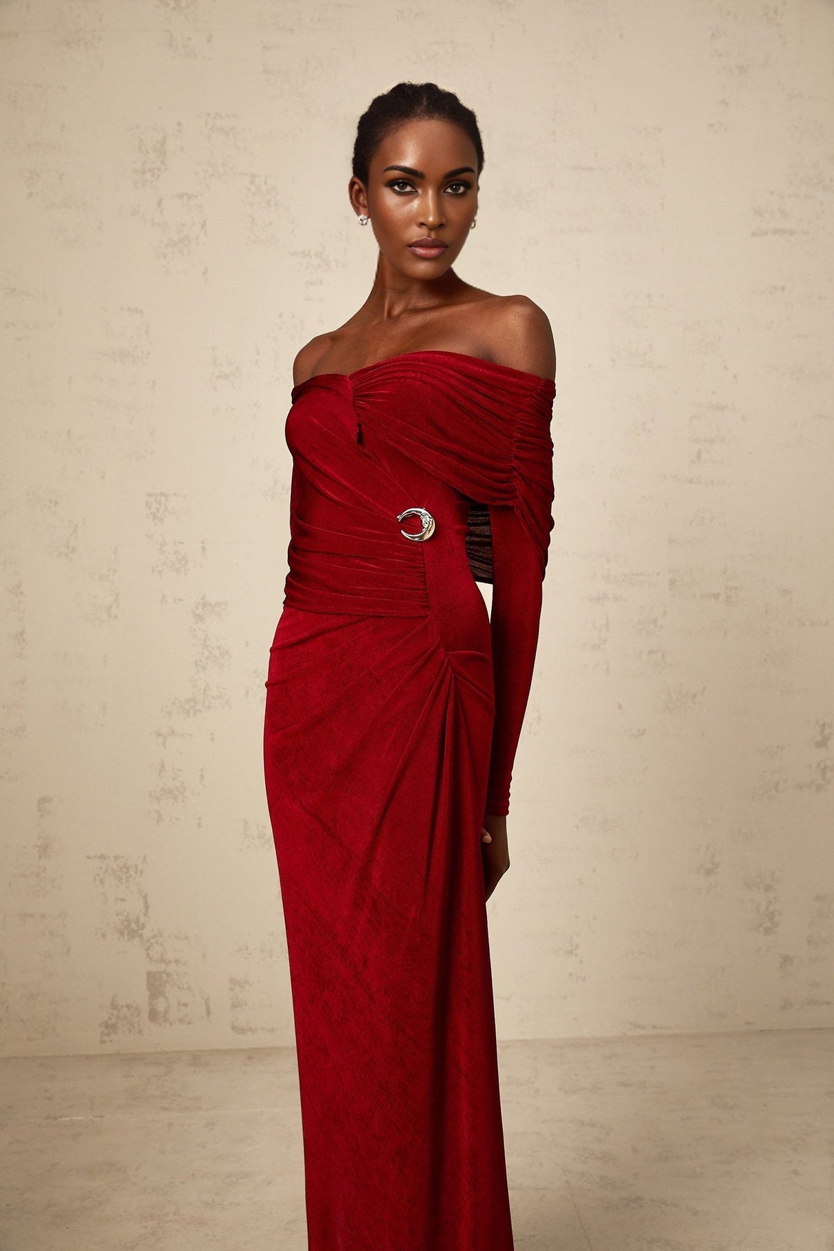 Vincenzina Maxi Dress - Elegant Off - Shoulder Red Velvet with Fashionable Ruched Detail & Buckle Accent