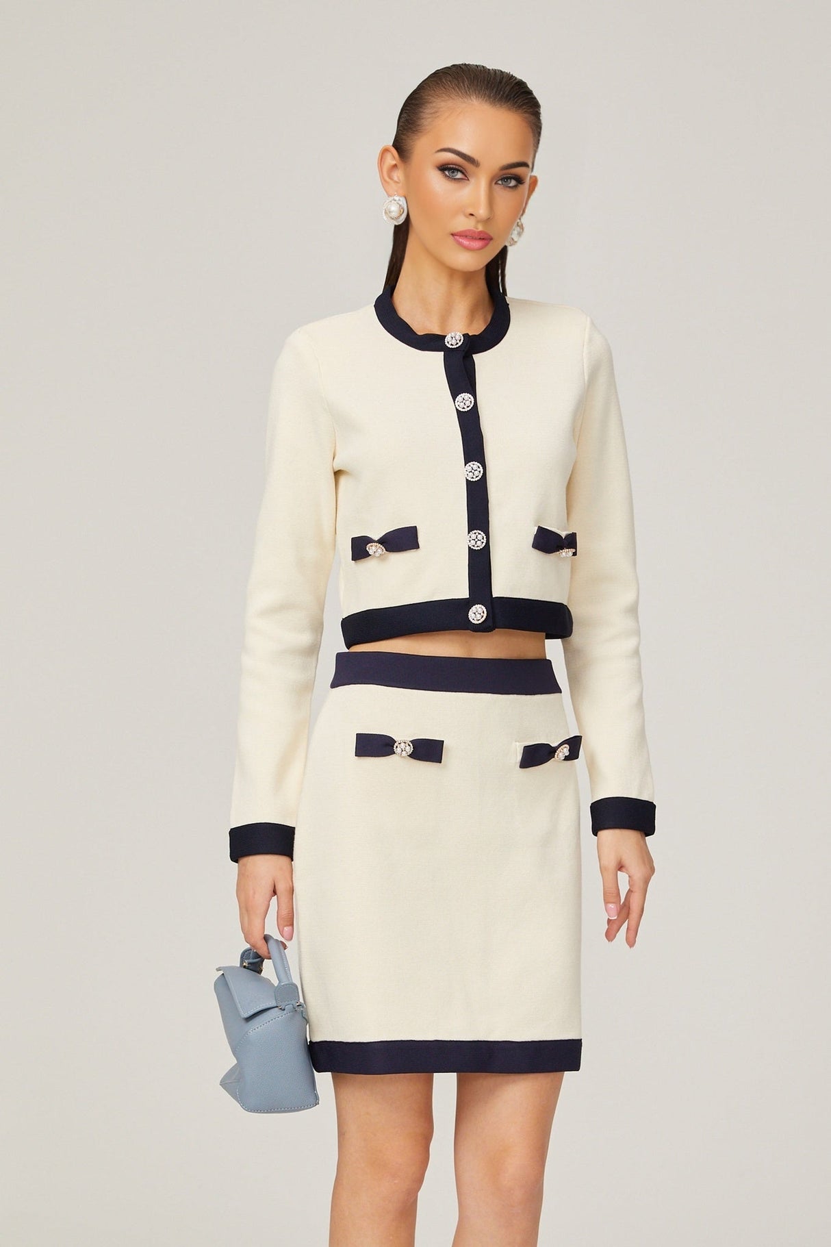 Viola Cardigan & Skirt White Black Bow Detail Matching Set