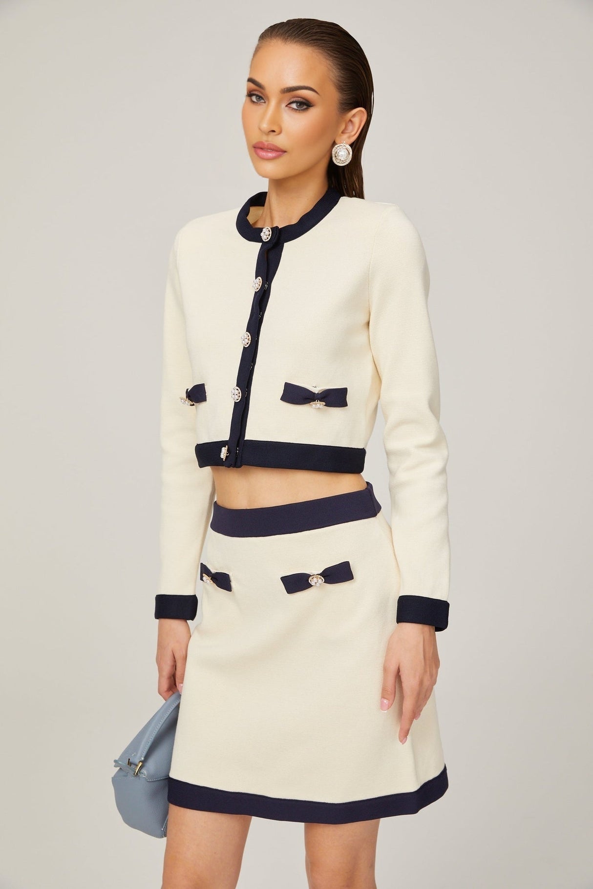 Viola Cardigan & Skirt White Black Bow Detail Matching Set