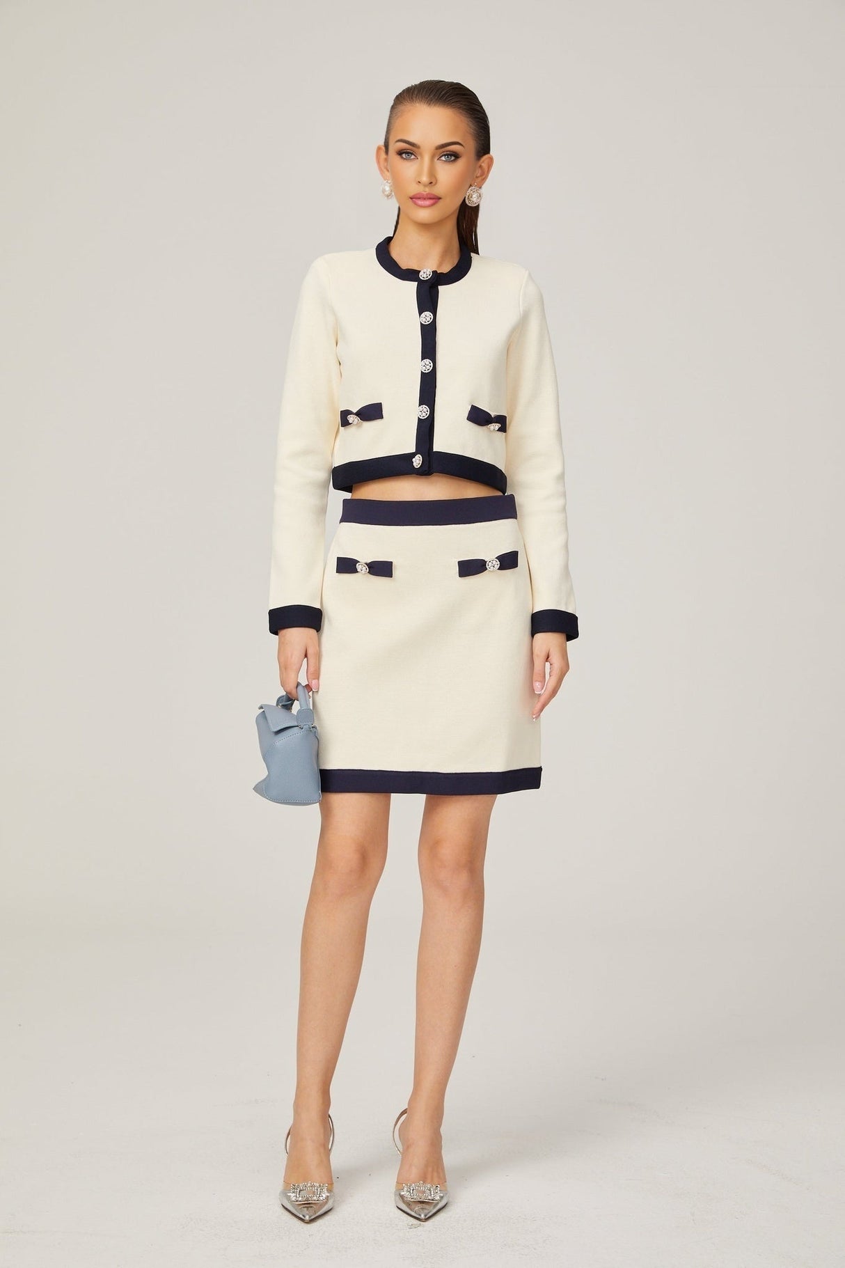 Viola Cardigan & Skirt White Black Bow Detail Matching Set