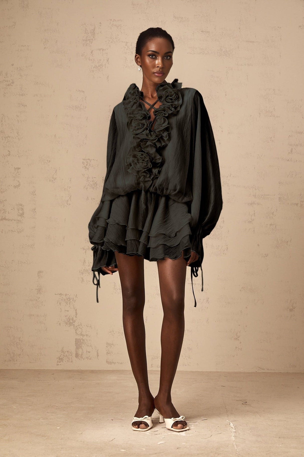 Viola Mini Dress Black Floral Applique Tiered Skirt