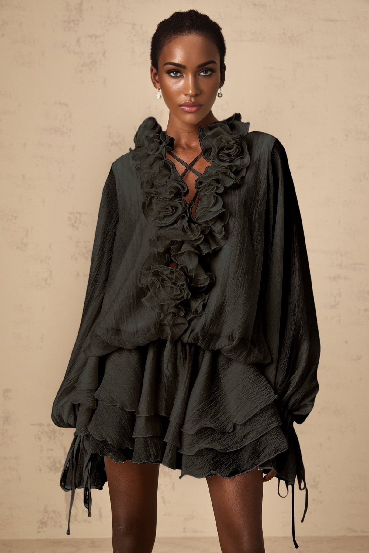 Viola Mini Dress Black Floral Applique Tiered Skirt