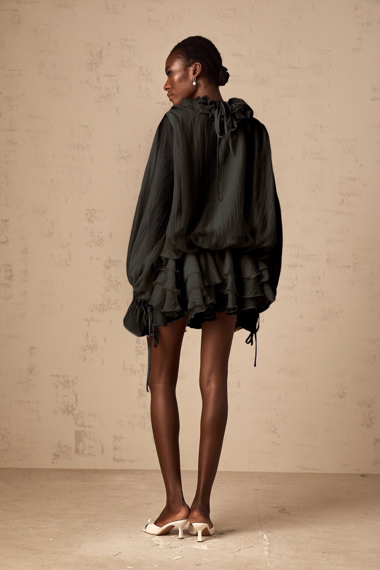 Viola Mini Dress Black Floral Applique Tiered Skirt