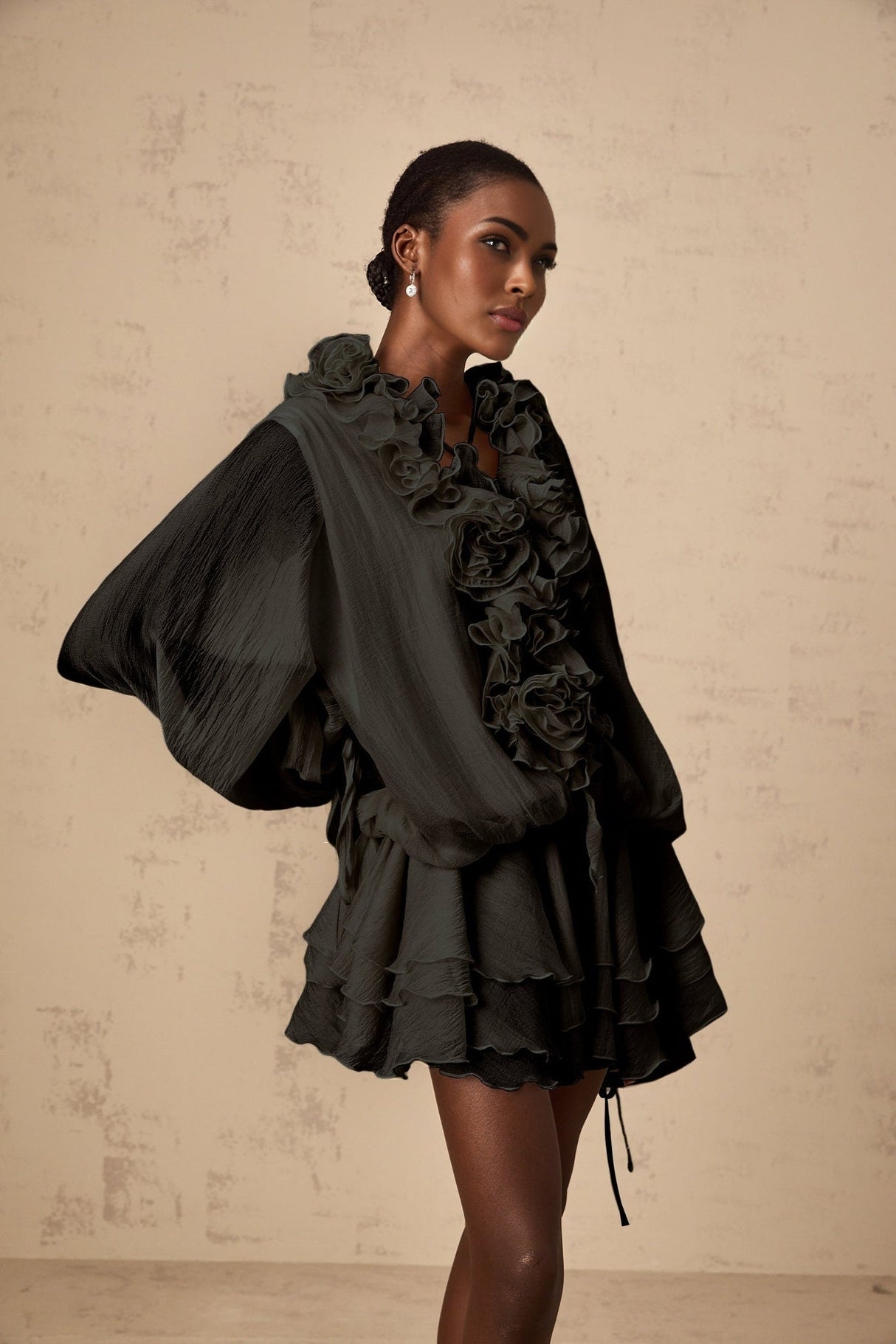 Viola Mini Dress Black Floral Applique Tiered Skirt