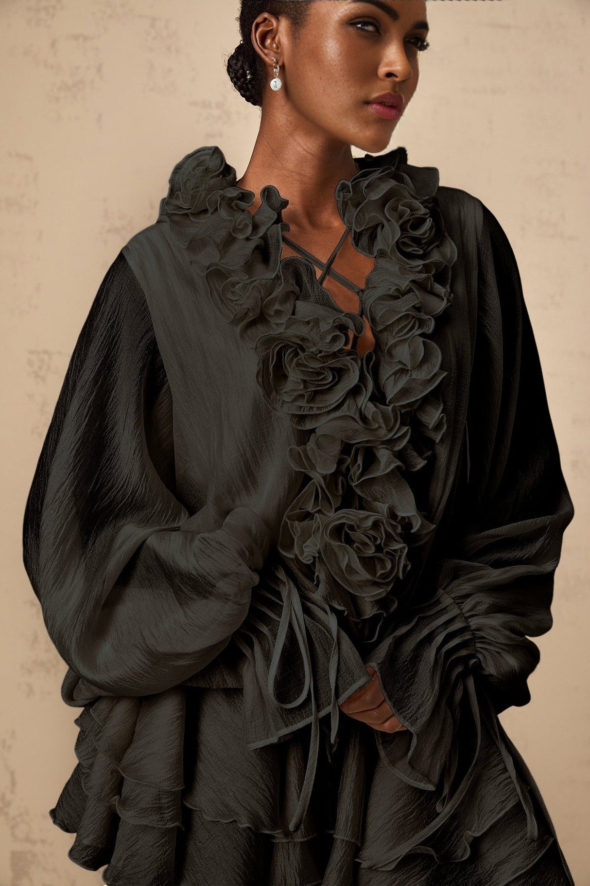 Viola Mini Dress Black Floral Applique Tiered Skirt