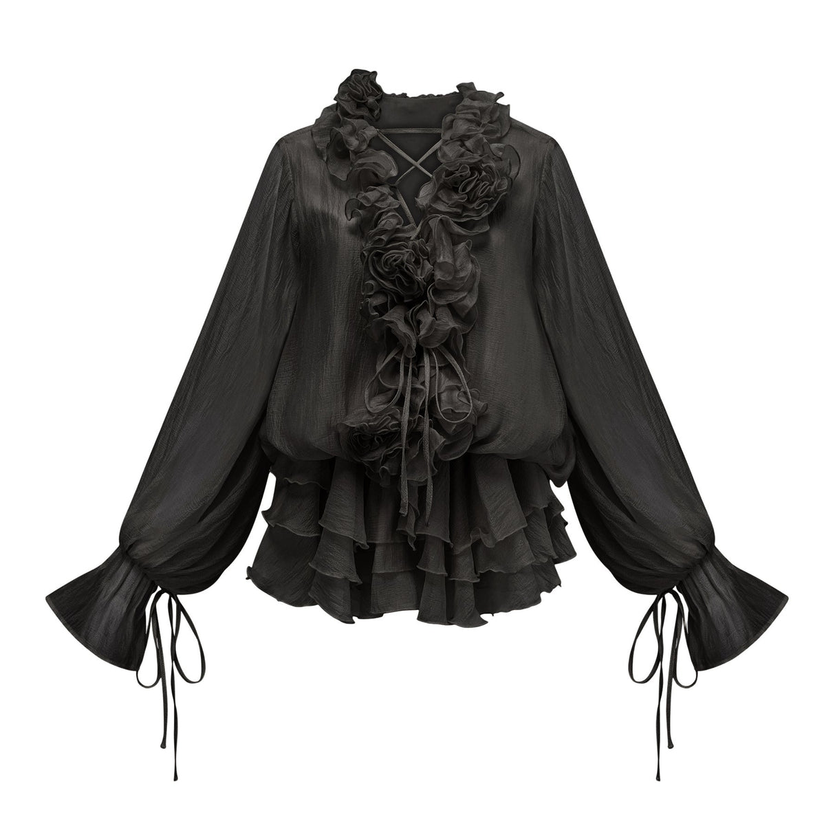 Viola Mini Dress Black Floral Applique Tiered Skirt