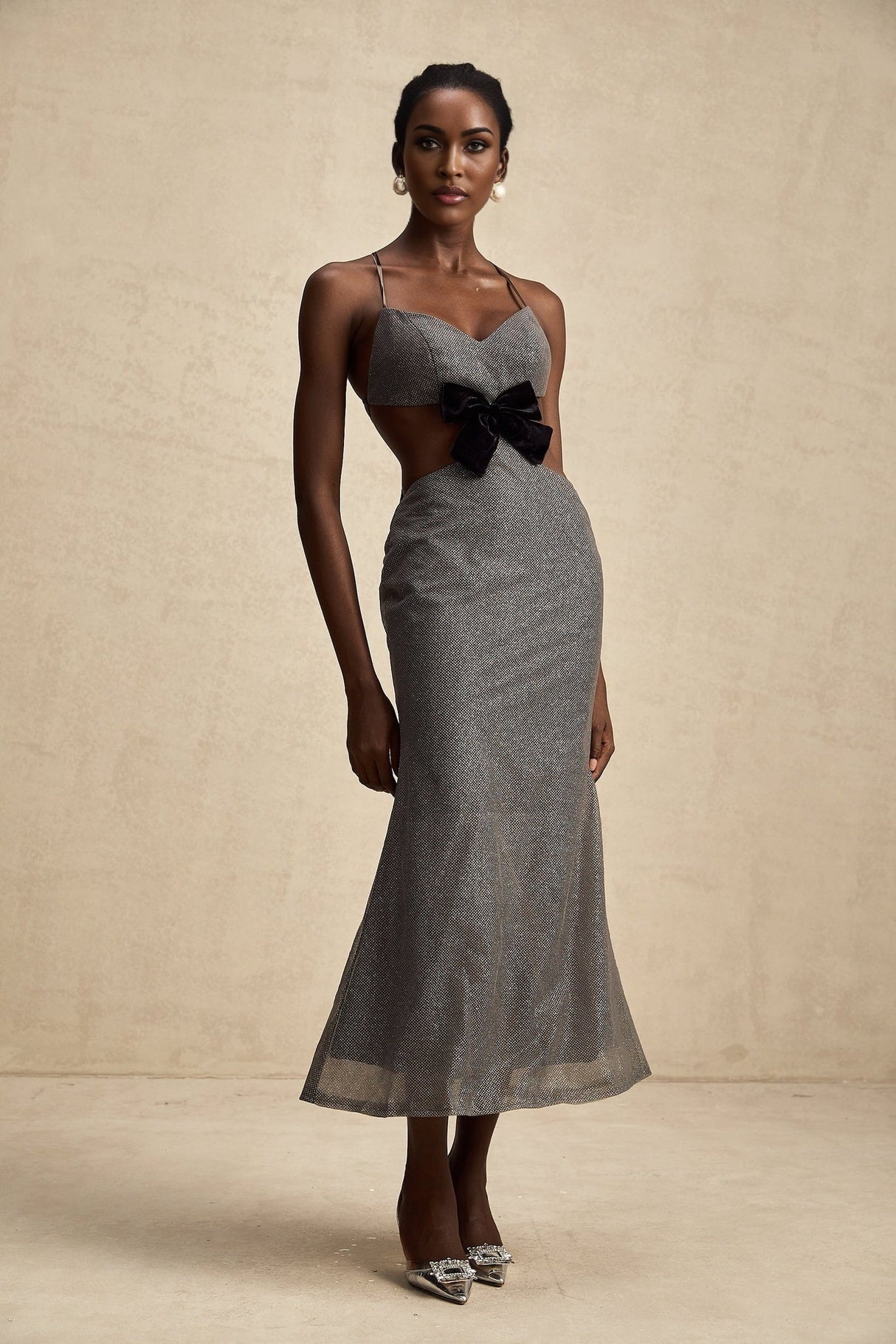Violaine Grey Sequin Cutout Midi Dress With Bow and Open Back