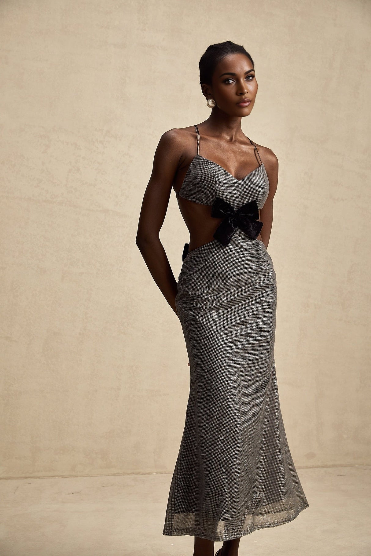 Violaine Grey Sequin Cutout Midi Dress With Bow and Open Back