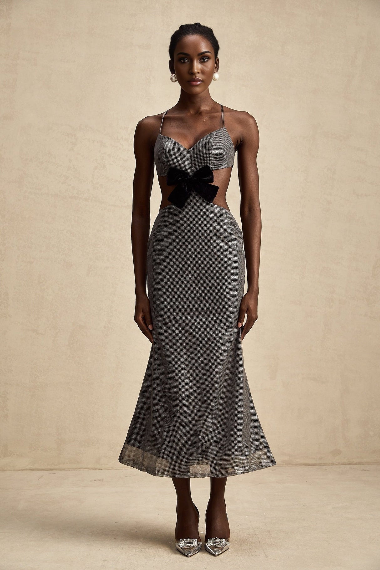 Violaine Grey Sequin Cutout Midi Dress With Bow and Open Back