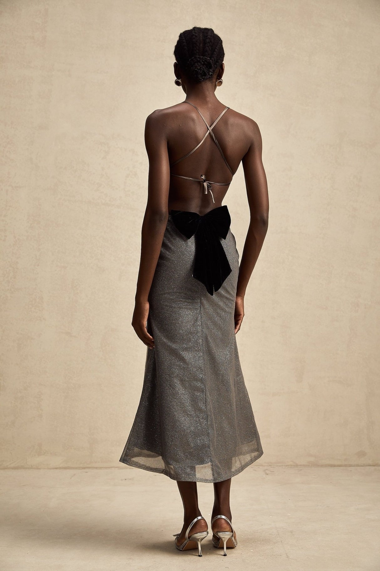 Violaine Grey Sequin Cutout Midi Dress With Bow and Open Back