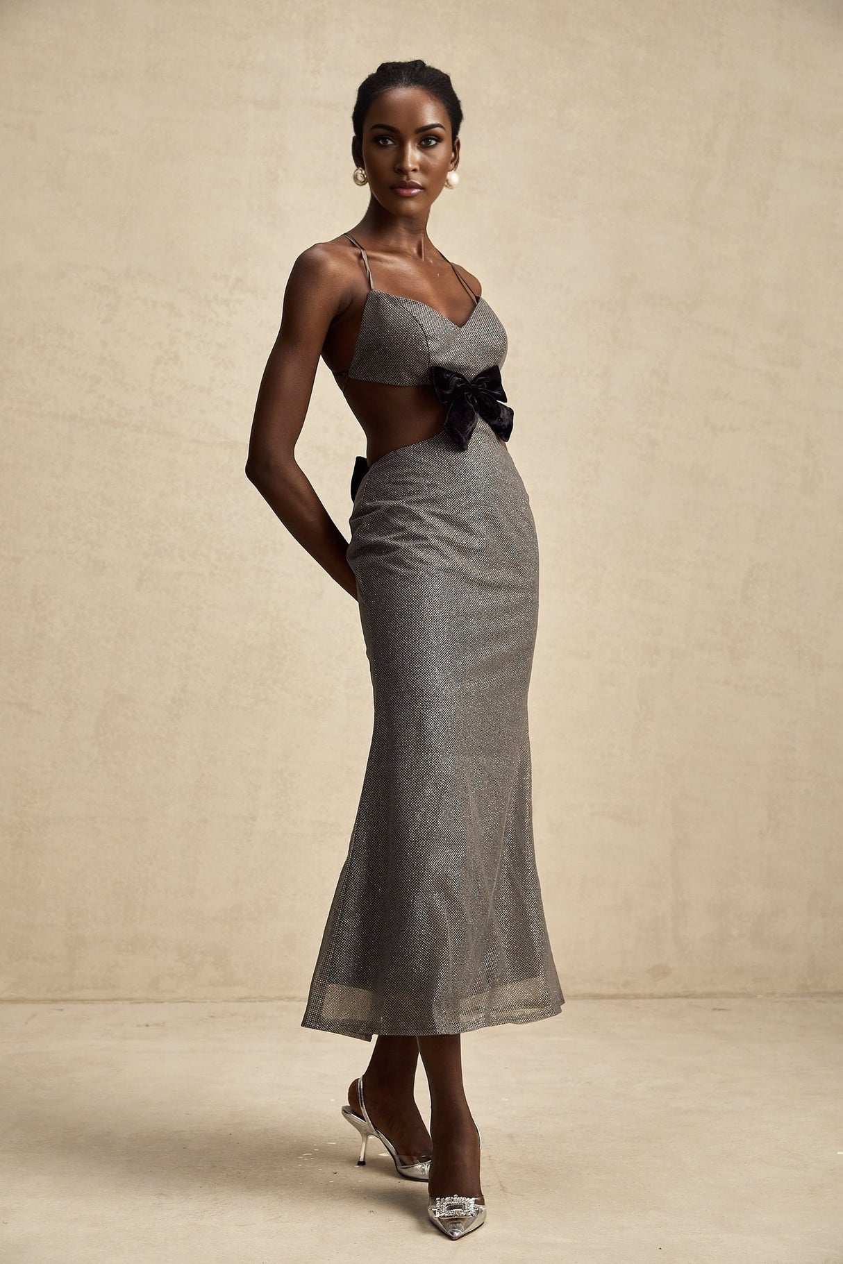 Violaine Grey Sequin Cutout Midi Dress With Bow and Open Back