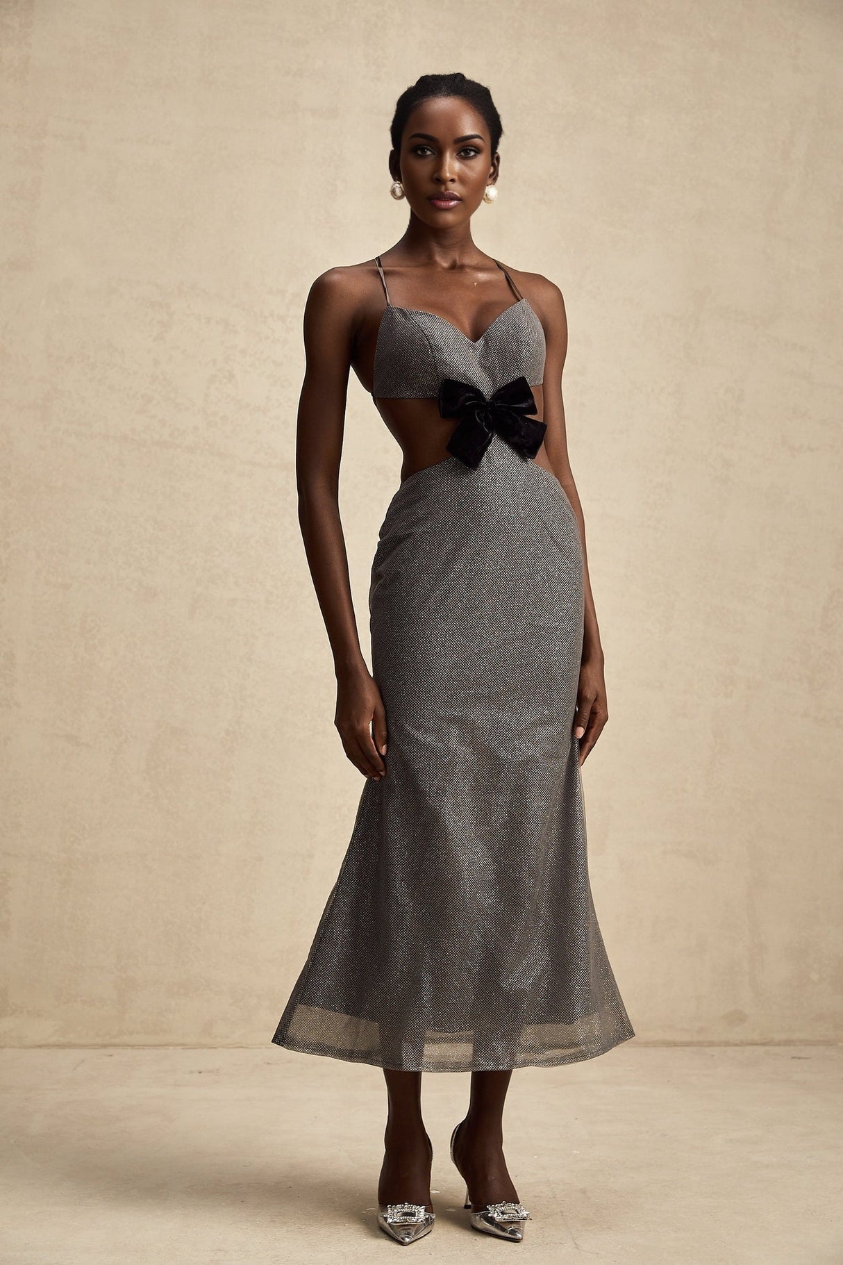 Violaine Grey Sequin Cutout Midi Dress With Bow and Open Back