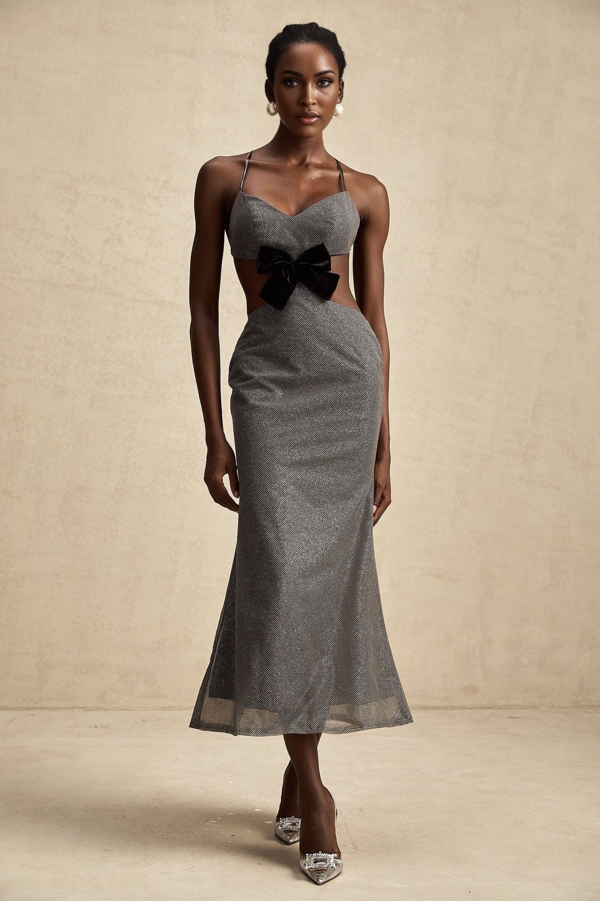 Violaine Grey Sequin Cutout Midi Dress With Bow and Open Back