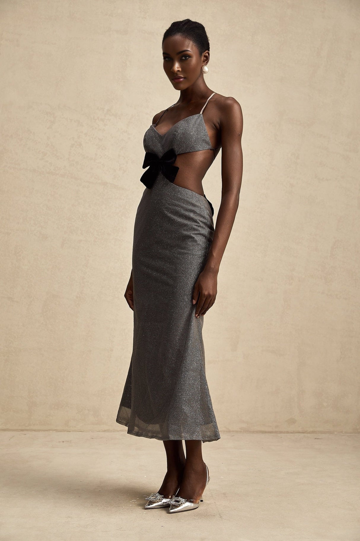 Violaine Grey Sequin Cutout Midi Dress With Bow and Open Back