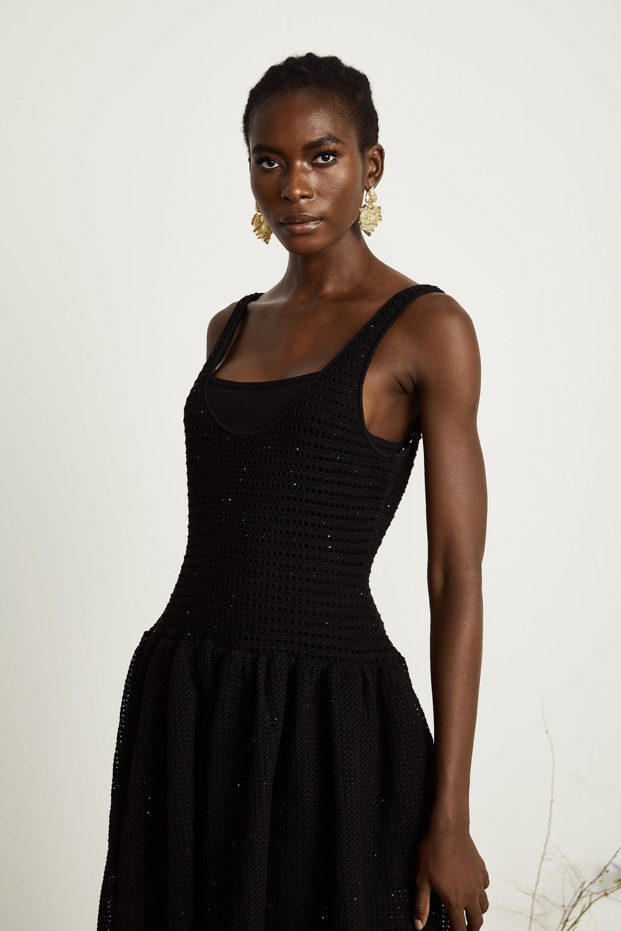 Violet Midi Dress Black Crochet Knit Sequin Flared Skirt