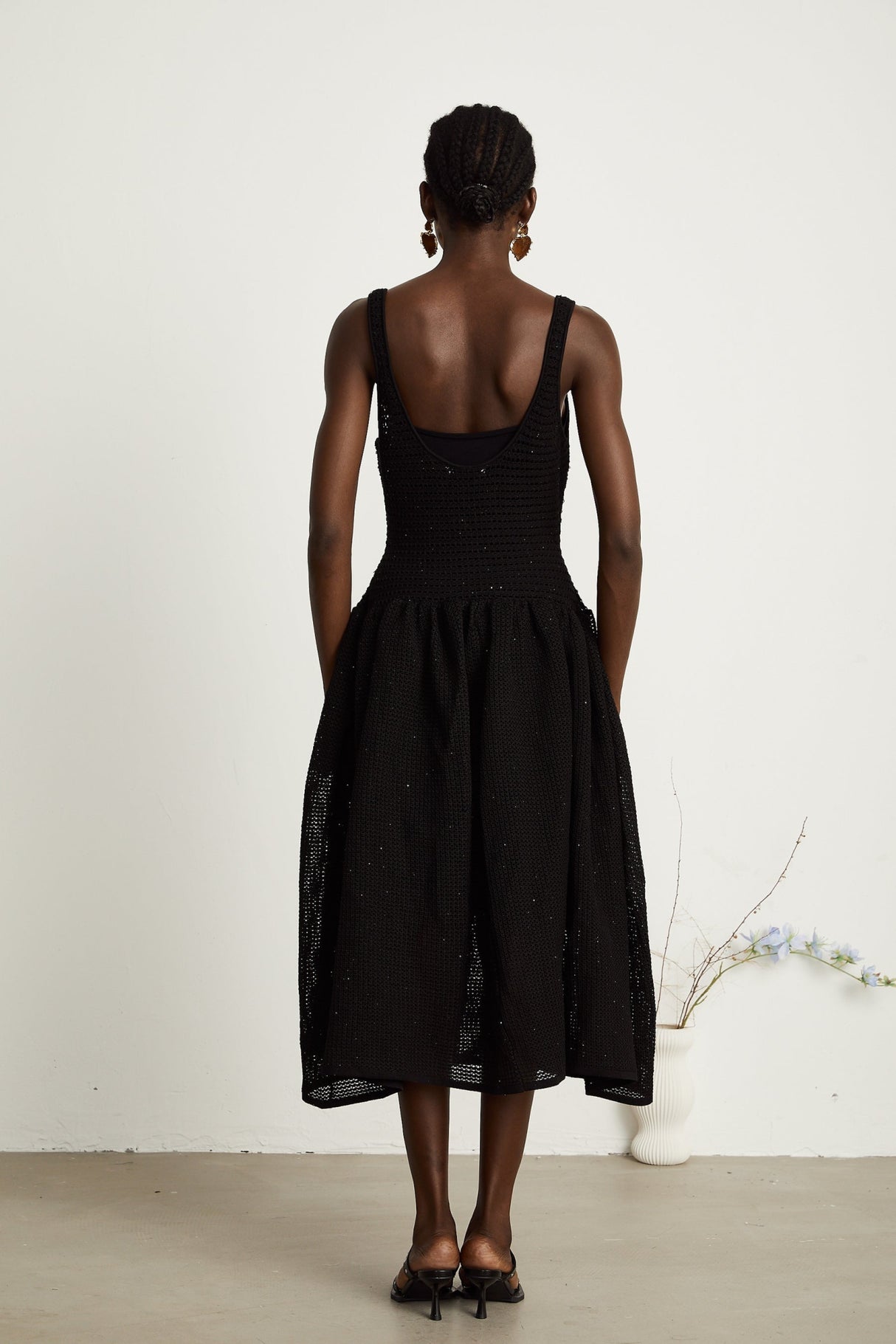 Violet Midi Dress Black Crochet Knit Sequin Flared Skirt